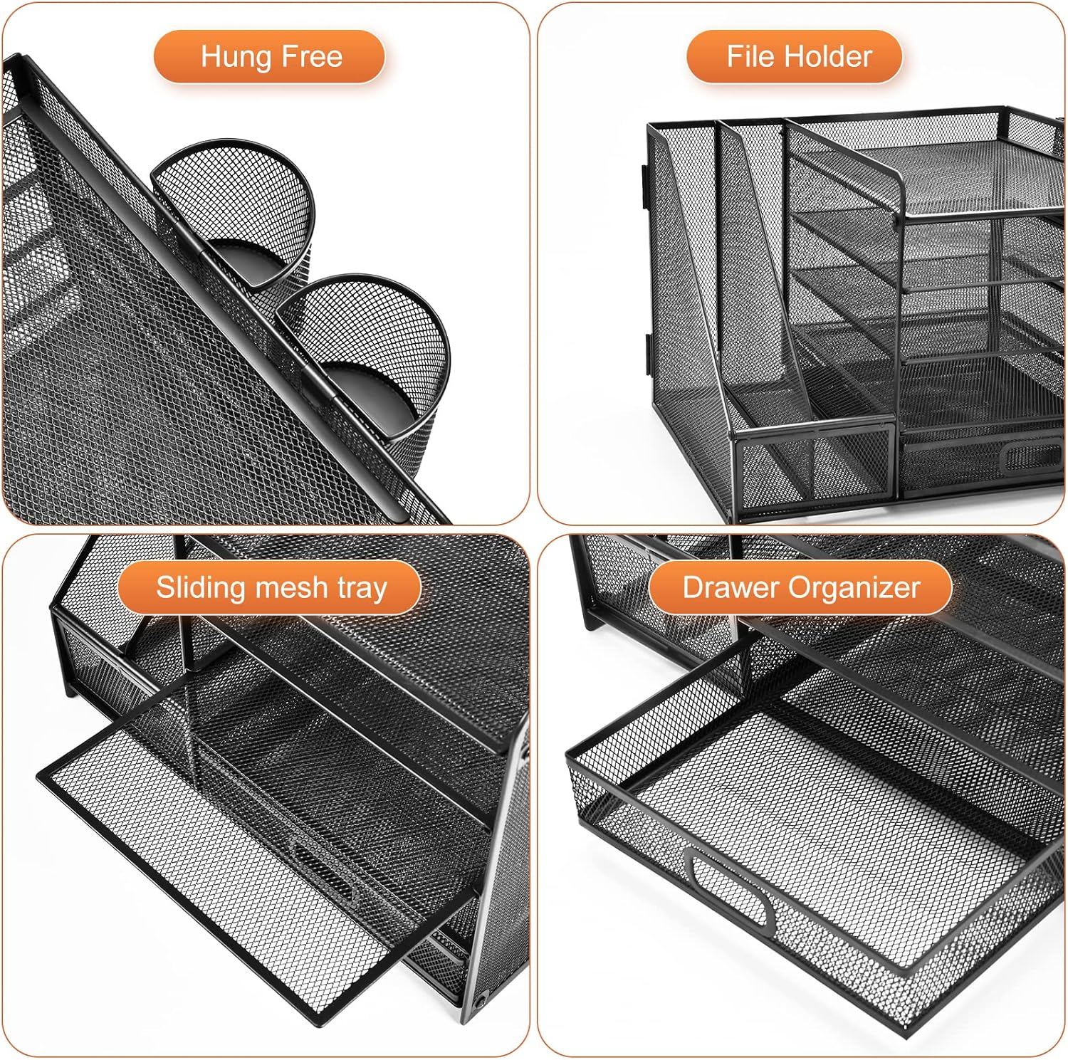 MARBRASSE DESK ORGANIZER WITH FILE HOLDER, 5-TIER PAPER LETTER TRAY ORGANIZER WITH DRAWER AND 2 PEN HOLDER, MESH DESKTOP ORGANIZER AND STORAGE WITH MAGAZINE HOLDER FOR OFFICE SUPPLIES (BLACK)