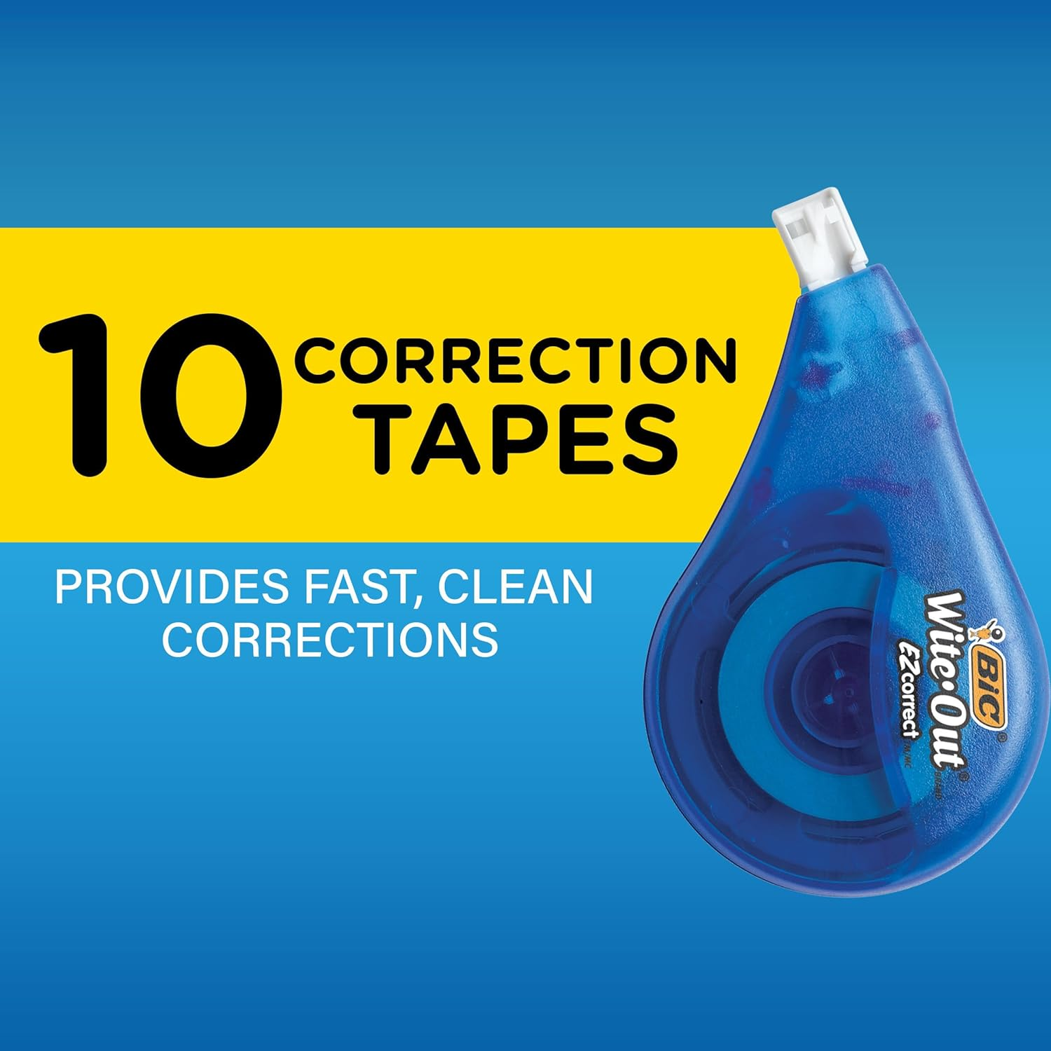 BIC WITE-OUT BRAND EZ CORRECT CORRECTION TAPE (WOTAP10-WHI), 39.3 FEET, 10-COUNT PACK OF WHITE CORRECTION TAPE, FAST, CLEAN AND EASY TO USE TEAR-RESISTANT TAPE