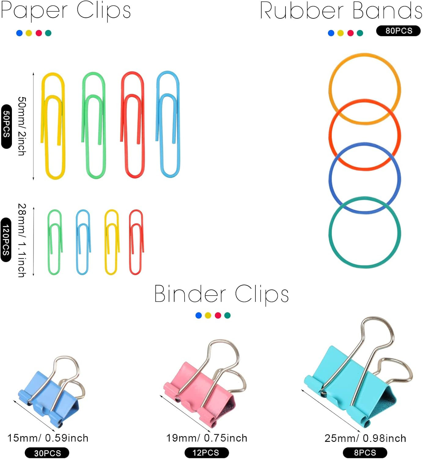 300 PCS PAPER CLIPS, BINDER CLIPS AND RUBBER BANDS, OFFICE SUPPLY SET, PAPER CLIPS AND PAPER CLAMPS, SCHOOL SUPPLIES OFFICE SUPPLIES TEACHER SUPPLIES FOR OFFICE DESK ESSENTIALS (ASSORTED SIZES)