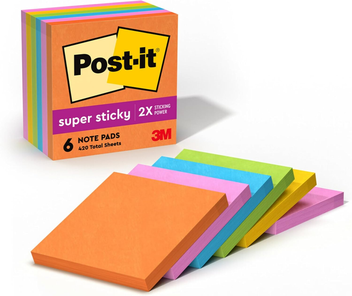 POST-IT SUPER STICKY NOTES, 3X3 IN, 6 PADS, 2X THE STICKING POWER, ENERGY BOOST COLLECTION, BRIGHT COLORS (ORANGE, PINK, BLUE, GREEN, YELLOW), RECYCLABLE (654-6SSAU)