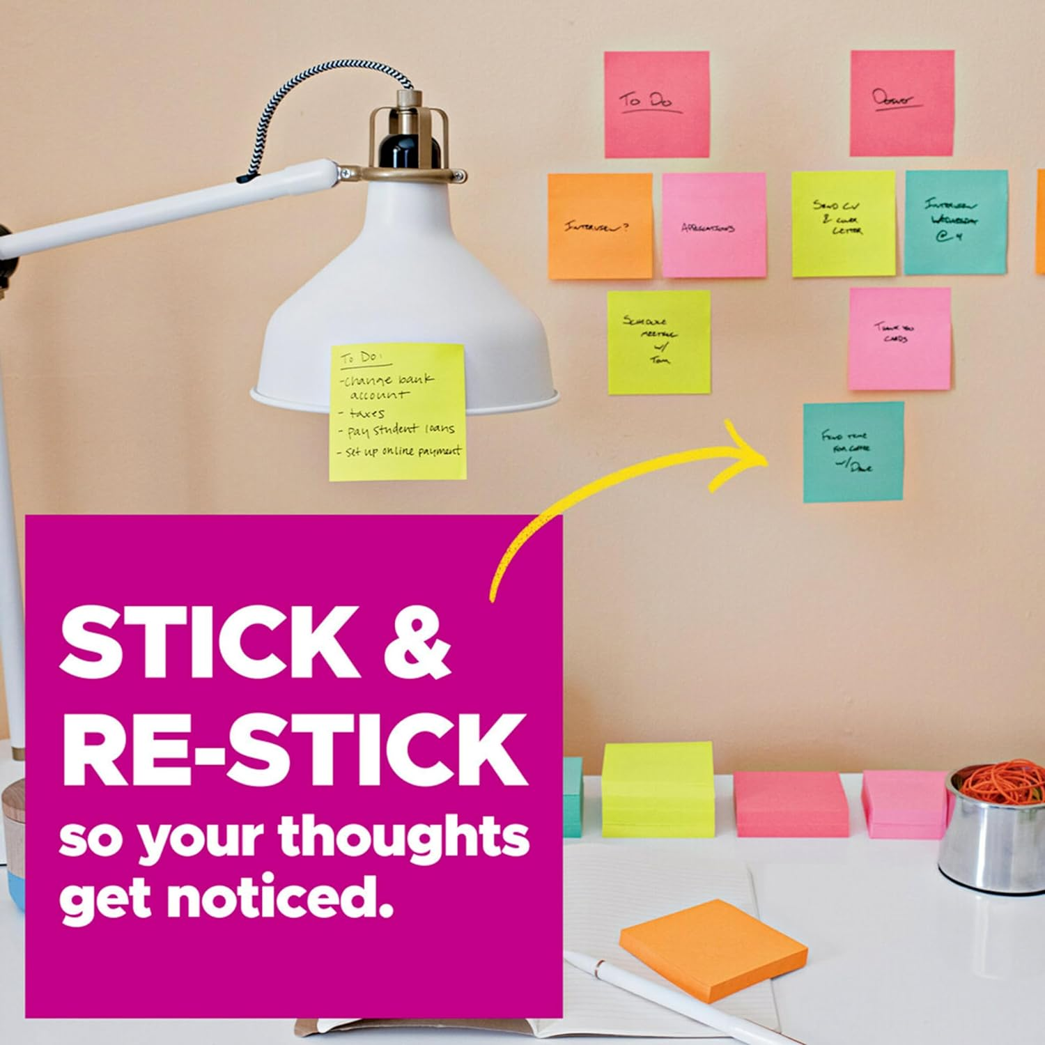 POST-IT SUPER STICKY NOTES, 3X3 IN, 6 PADS, 2X THE STICKING POWER, ENERGY BOOST COLLECTION, BRIGHT COLORS (ORANGE, PINK, BLUE, GREEN, YELLOW), RECYCLABLE (654-6SSAU)