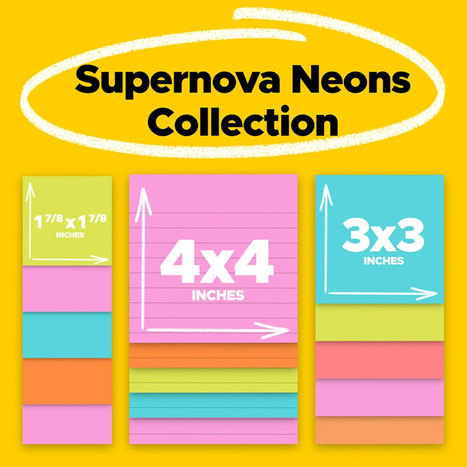POST-IT SUPER STICKY NOTES, ASSORTED SIZES, 15 PADS, 2X THE STICKING POWER, SUPERNOVA NEONS COLLECTION, NEON COLORS (ORANGE, PINK, BLUE, GREEN), RECYCLABLE (4423-15SSMIA)