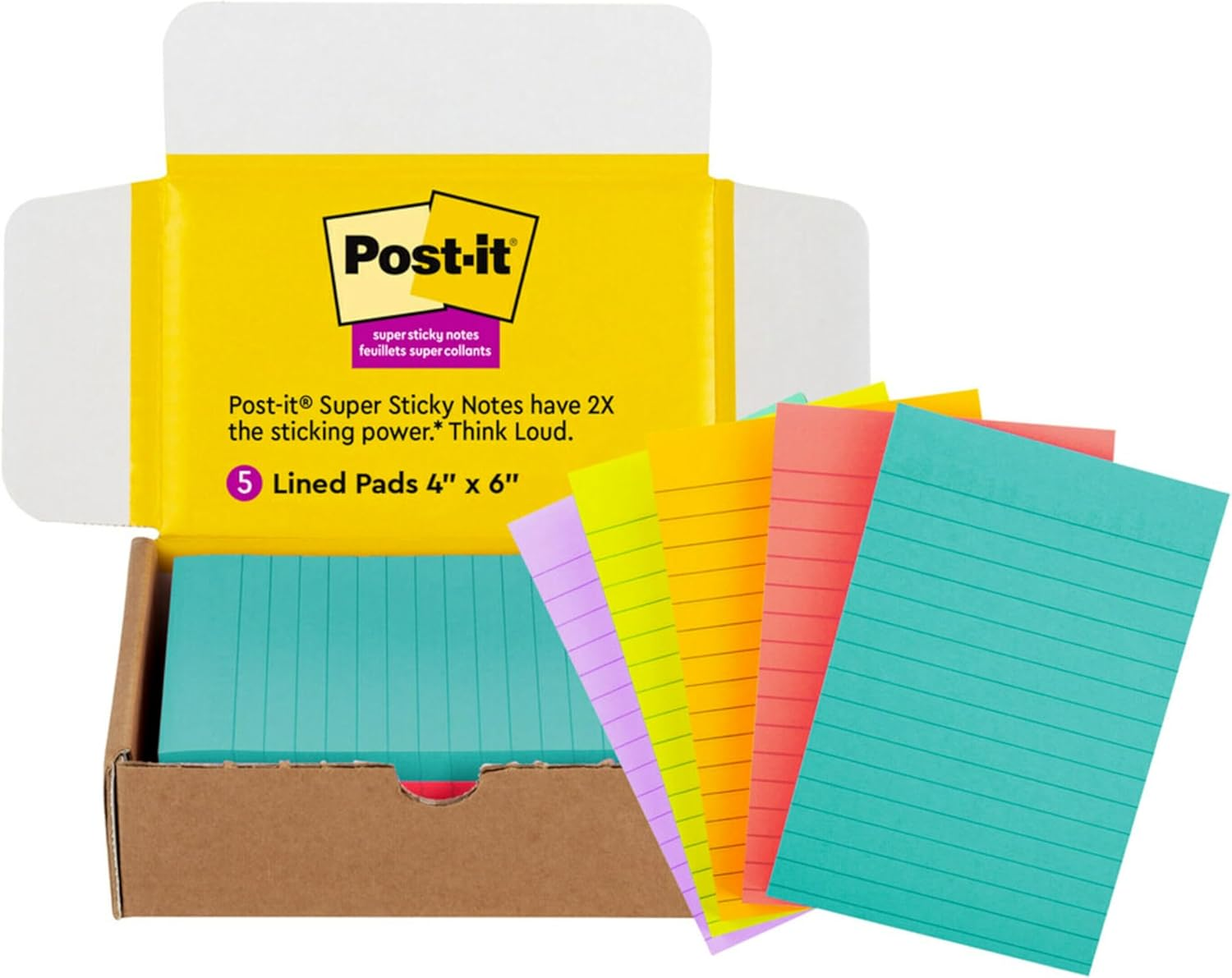 POST-IT SUPER STICKY LINED NOTES, 5 STICKY NOTE PADS, 4X6 IN, 2X THE STICKING POWER, BACK TO SCHOOL SUPPLIES FOR STUDENTS, STICKY NOTES FOR TEXTBOOKS, NOTEBOOKS, WALLS AND VERTICAL SURFACES