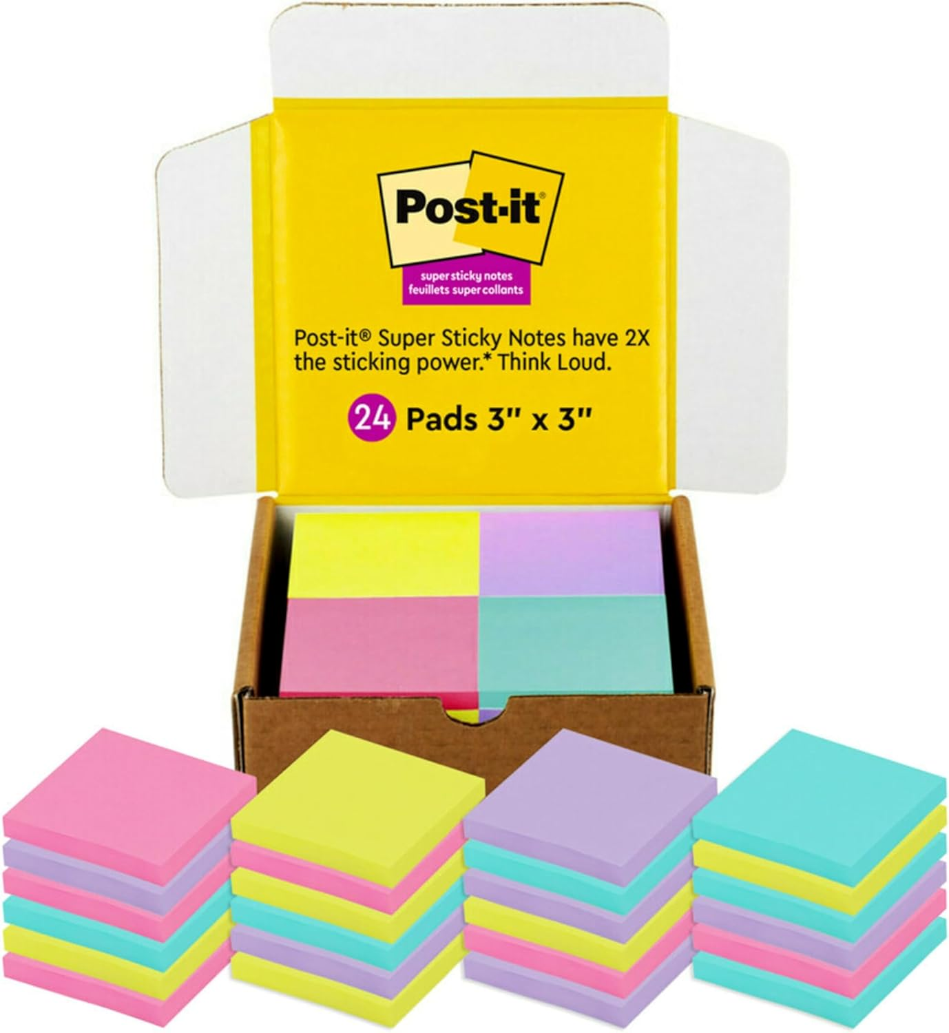 POST-IT SUPER STICKY NOTES, 3X3 IN, 24 PADS/PACK, 70 SHEETS/PAD, AMAZON EXCLUSIVE BRIGHT COLOR COLLECTION, AQUA SPLASH, ACID LIME, TROPICAL PINK AND IRIS INFUSION