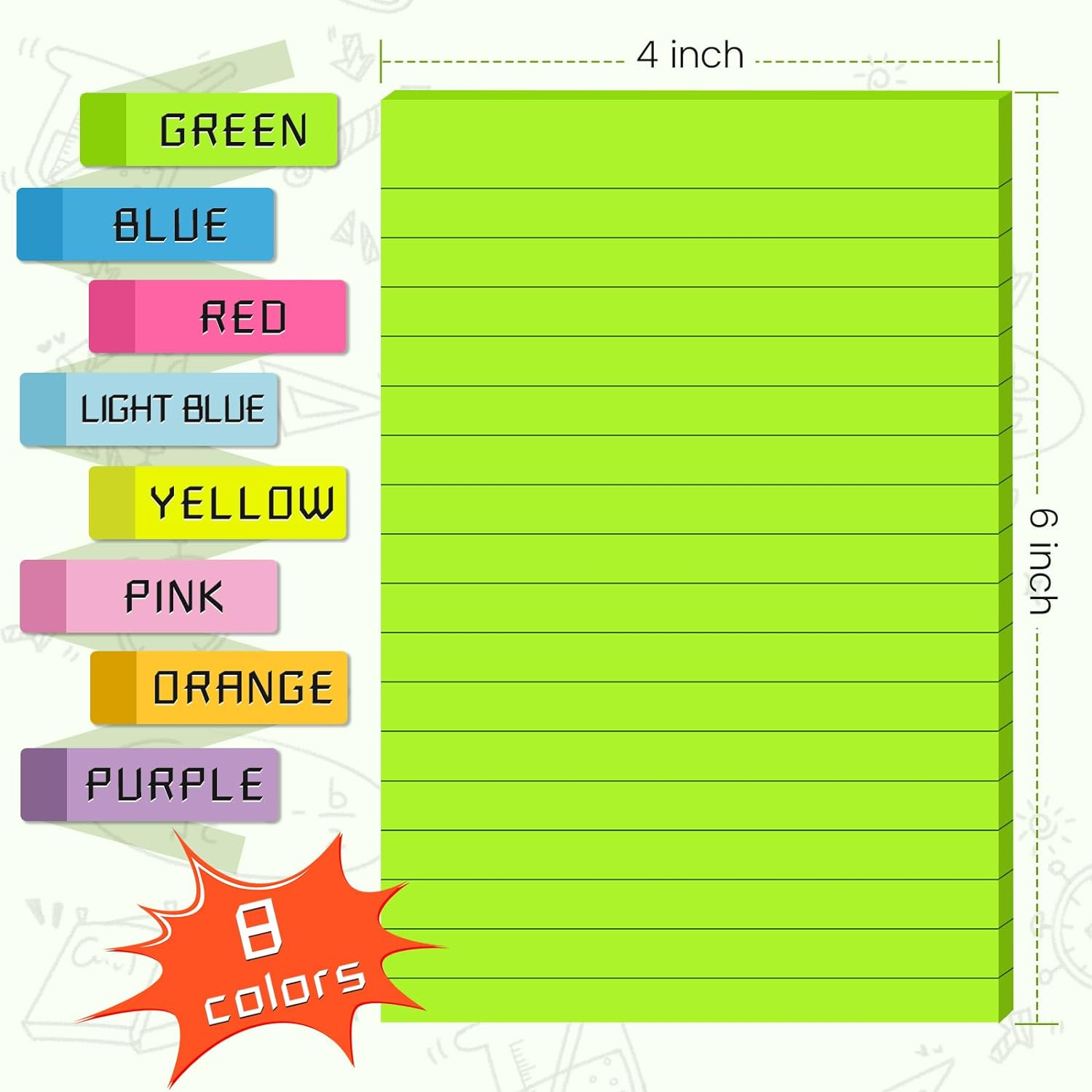 (8 PADS) LINED STICKY NOTES 4X6 IN POST, 8 COLORS SELF STICKY NOTES PAD, BRIGHT POST STICKIES COLORFUL BIG RECTANGULAR STICKY NOTES FOR OFFICE, HOME, SCHOOL, MEETING, 40 SHEETS/PAD
