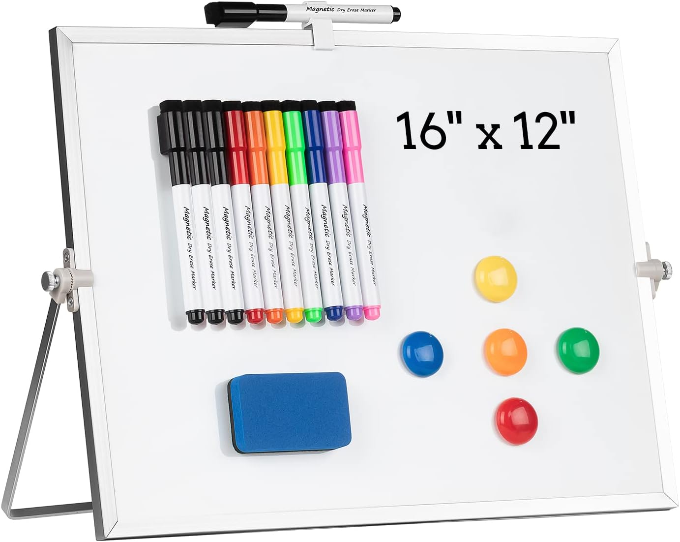 DRY ERASE WHITE BOARD, CAZEYOO MAGNETIC DESKTOP WHITEBOARD 16 X 12 INCH WITH STAND, 10 MARKERS, 4 MAGNETS AND 1 ERASER, PORTABLE DOUBLE-SIDED WHITE BOARD FOR KIDS DRAWING, OFFICE, HOME, SCHOOL - WHITE