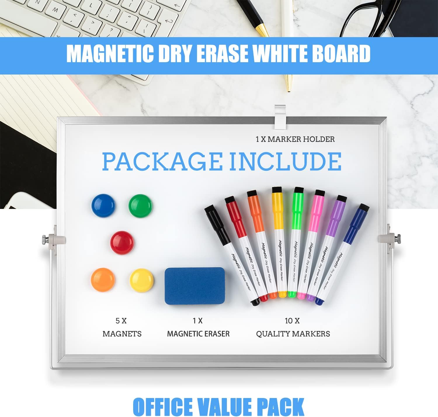 DRY ERASE WHITE BOARD, CAZEYOO MAGNETIC DESKTOP WHITEBOARD 16 X 12 INCH WITH STAND, 10 MARKERS, 4 MAGNETS AND 1 ERASER, PORTABLE DOUBLE-SIDED WHITE BOARD FOR KIDS DRAWING, OFFICE, HOME, SCHOOL - WHITE