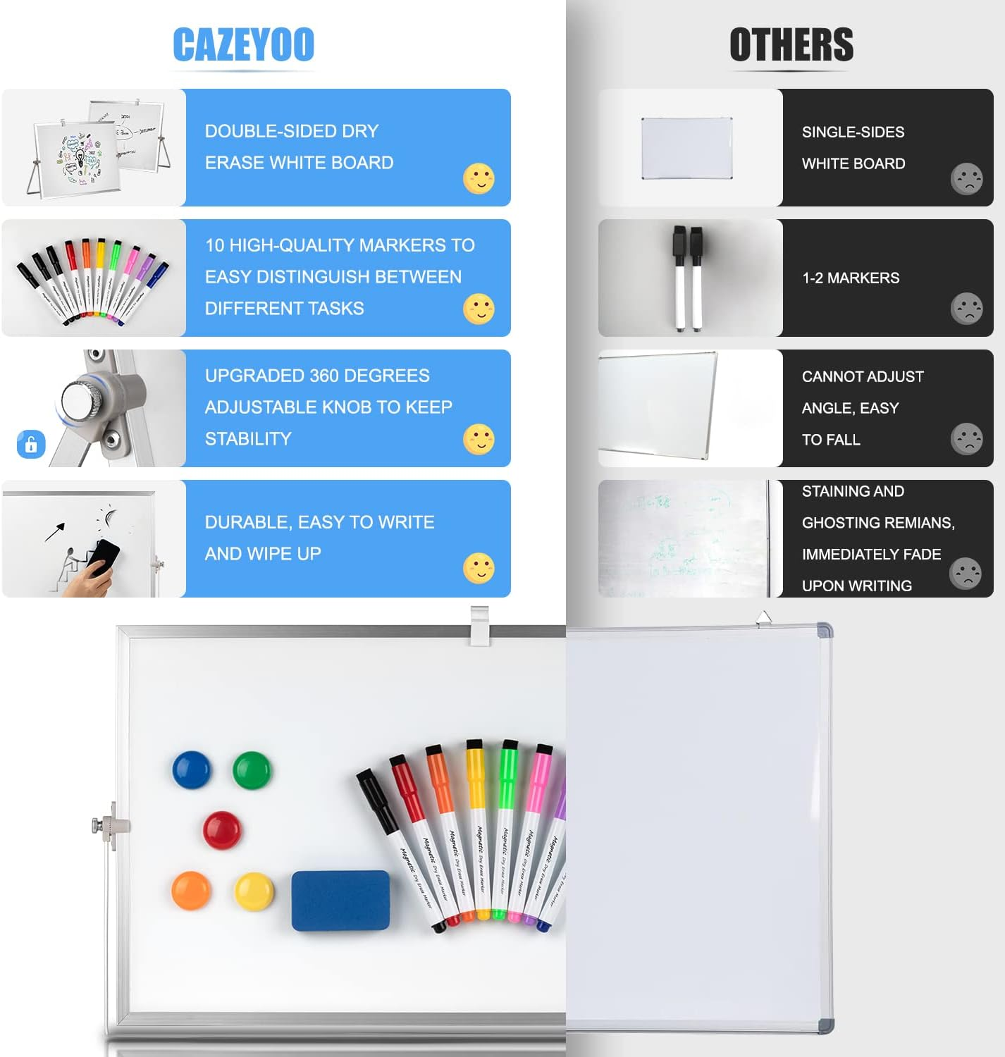 DRY ERASE WHITE BOARD, CAZEYOO MAGNETIC DESKTOP WHITEBOARD 16 X 12 INCH WITH STAND, 10 MARKERS, 4 MAGNETS AND 1 ERASER, PORTABLE DOUBLE-SIDED WHITE BOARD FOR KIDS DRAWING, OFFICE, HOME, SCHOOL - WHITE