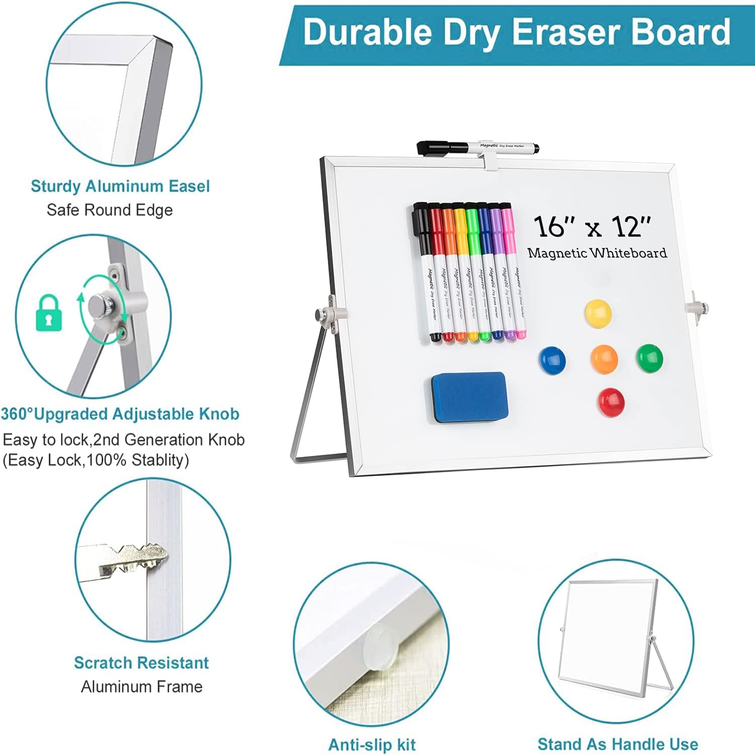 DRY ERASE WHITE BOARD, CAZEYOO MAGNETIC DESKTOP WHITEBOARD 16 X 12 INCH WITH STAND, 10 MARKERS, 4 MAGNETS AND 1 ERASER, PORTABLE DOUBLE-SIDED WHITE BOARD FOR KIDS DRAWING, OFFICE, HOME, SCHOOL - WHITE