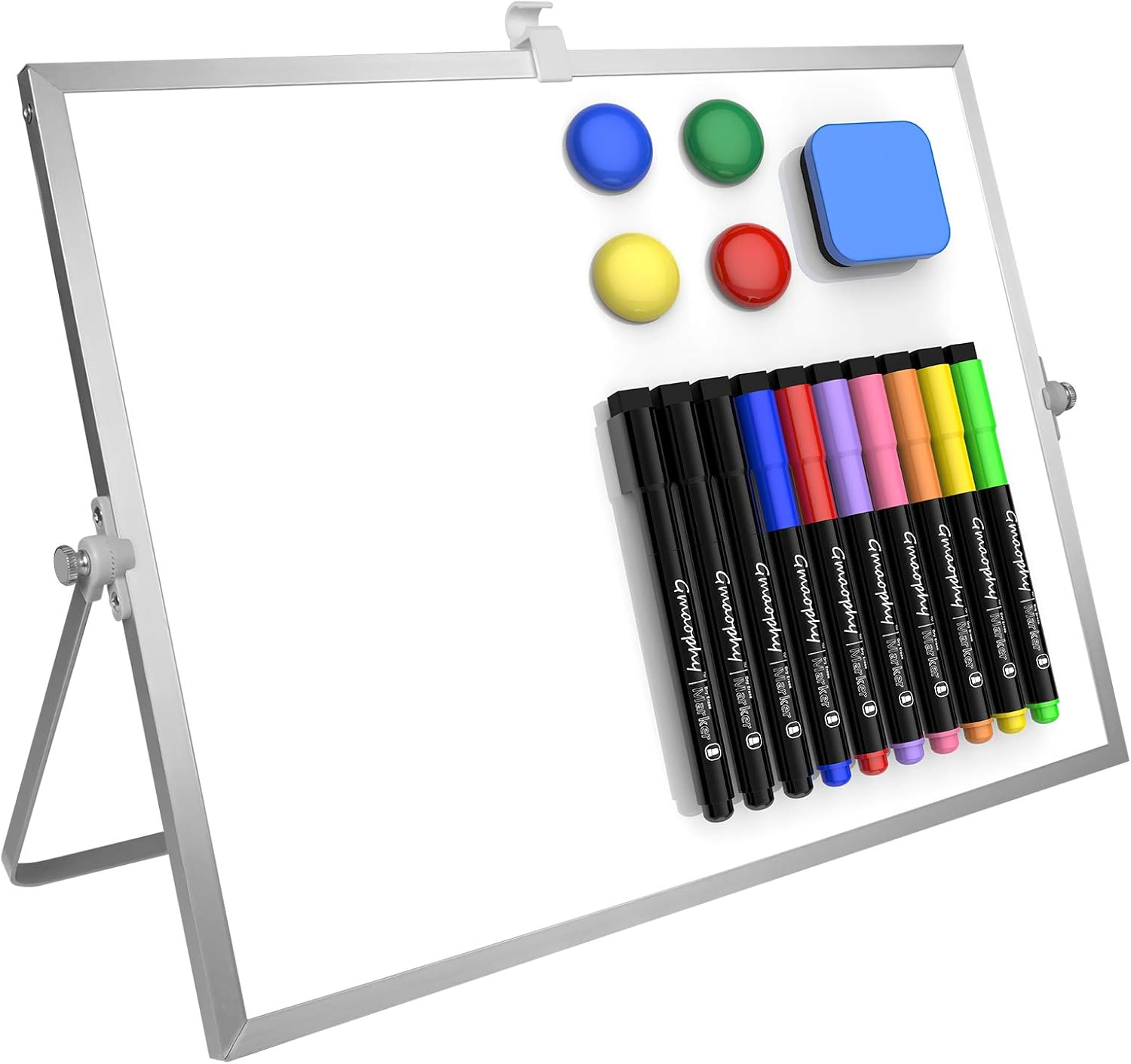 GMAOPHY DRY ERASE WHITE BOARD, 16INX12IN LARGE MAGNETIC DESKTOP WHITEBOARD WITH STAND, 10 MARKERS, 4 MAGNETS, 1 ERASER, PORTABLE DOUBLE-SIDED WHITE BOARD EASEL FOR KIDS MEMO TO DO LIST DESK SCHOOL