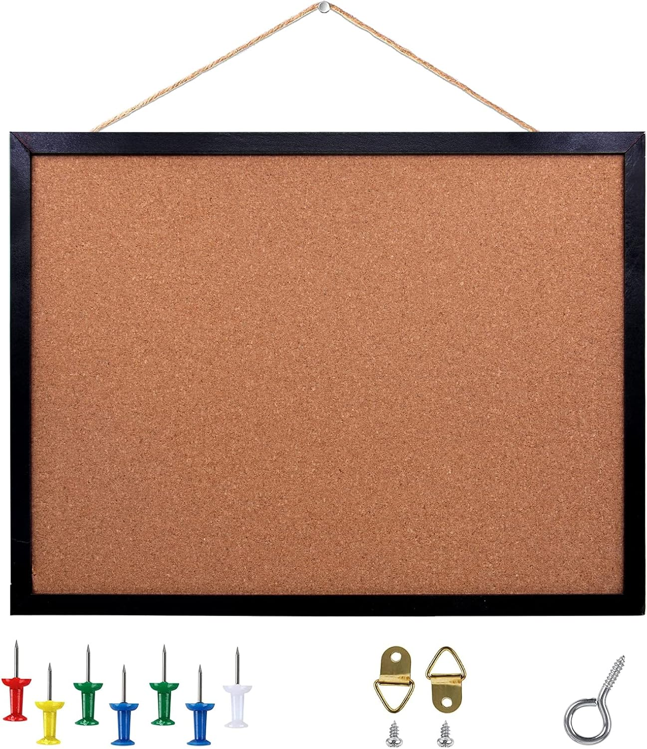 BLACK CORK BOARD BULLETIN BOARD, 17.7"X 13.3" PIN BOARDS FOR WALLS, OAK WOOD FINISH FRAME, WALL MOUNTED CORK BOARD FOR OFFICE HOME AND SCHOOL (PINS, EYE BOLTS, GASKETS, SCREWS)