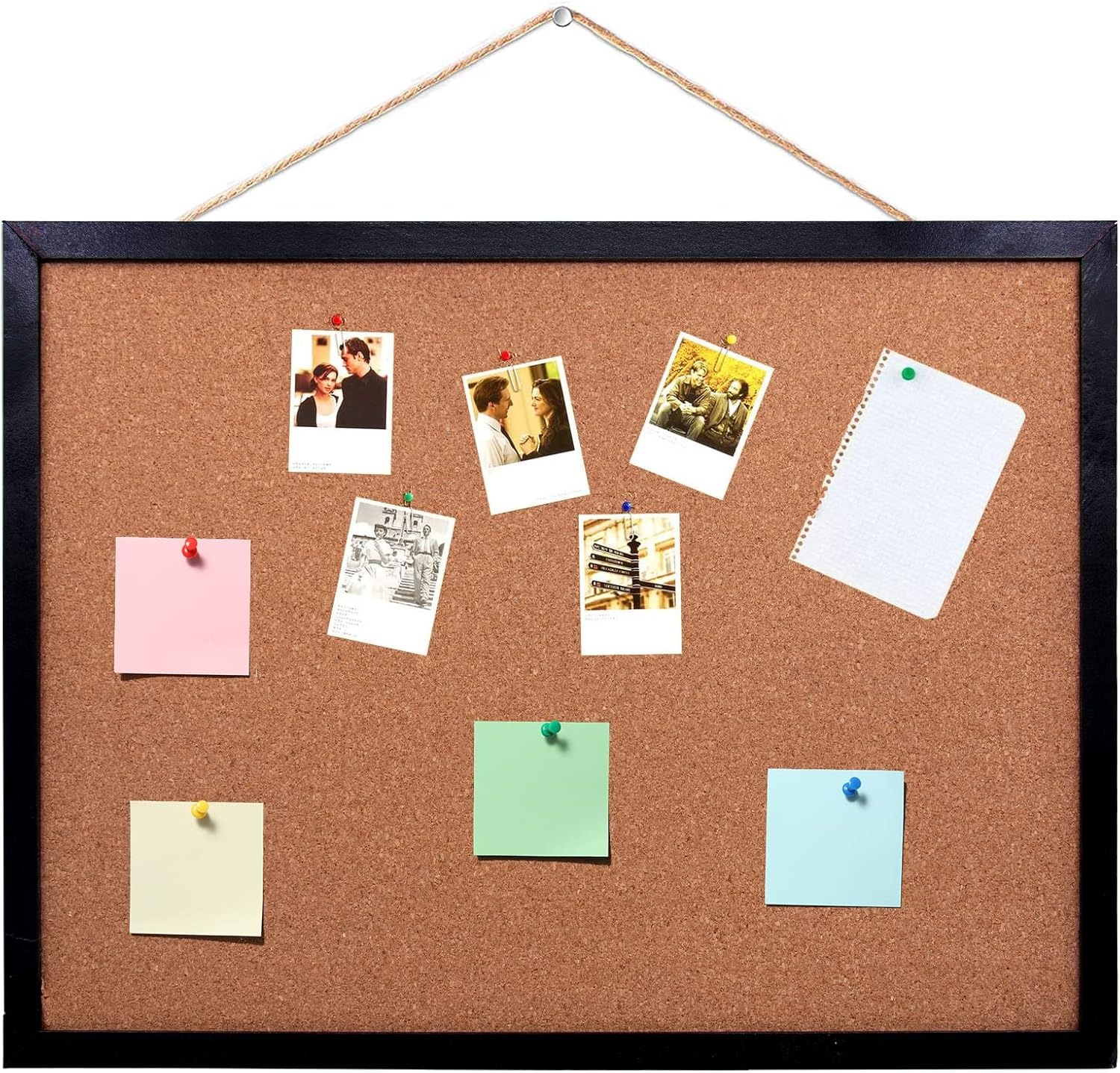 BLACK CORK BOARD BULLETIN BOARD, 17.7"X 13.3" PIN BOARDS FOR WALLS, OAK WOOD FINISH FRAME, WALL MOUNTED CORK BOARD FOR OFFICE HOME AND SCHOOL (PINS, EYE BOLTS, GASKETS, SCREWS)