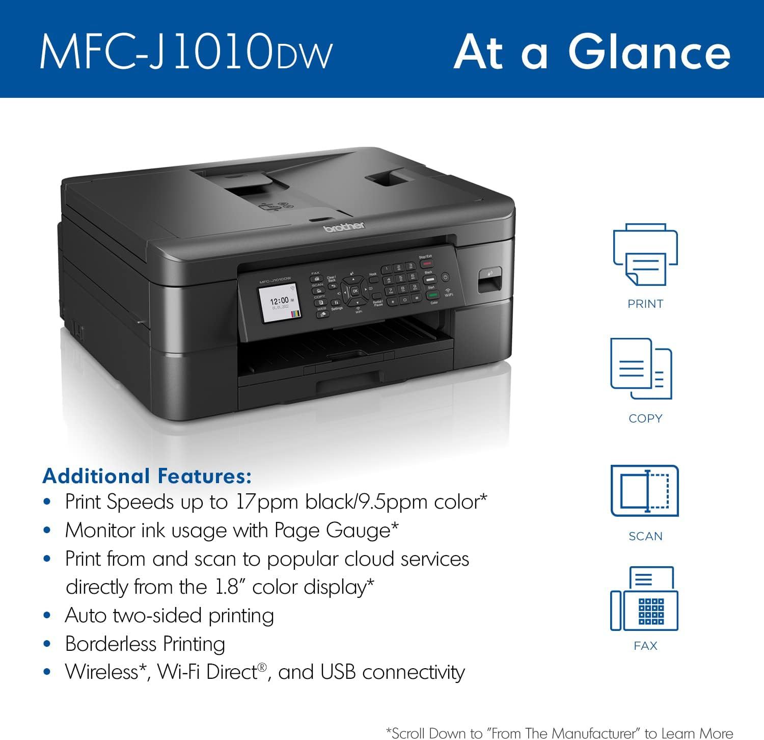 BROTHER MFC-J1010DW WIRELESS COLOR INKJET ALL-IN-ONE PRINTER WITH MOBILE DEVICE AND DUPLEX PRINTING, REFRESH SUBSCRIPTION AND AMAZON DASH REPLENISHMENT READY VISIT THE BROTHER STORE