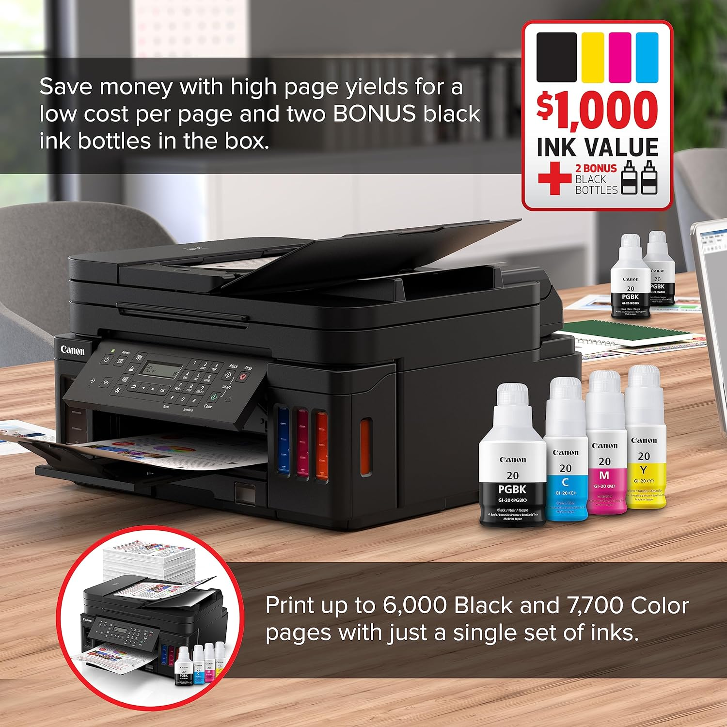 CANON G7020 ALL-IN-ONE PRINTER HOME OFFICE | WIRELESS SUPERTANK (MEGATANK) PRINTER | COPIER | SCAN | FAX AND ADF WITH MOBILE PRINTING, BLACK, WORKS WITH ALEXA