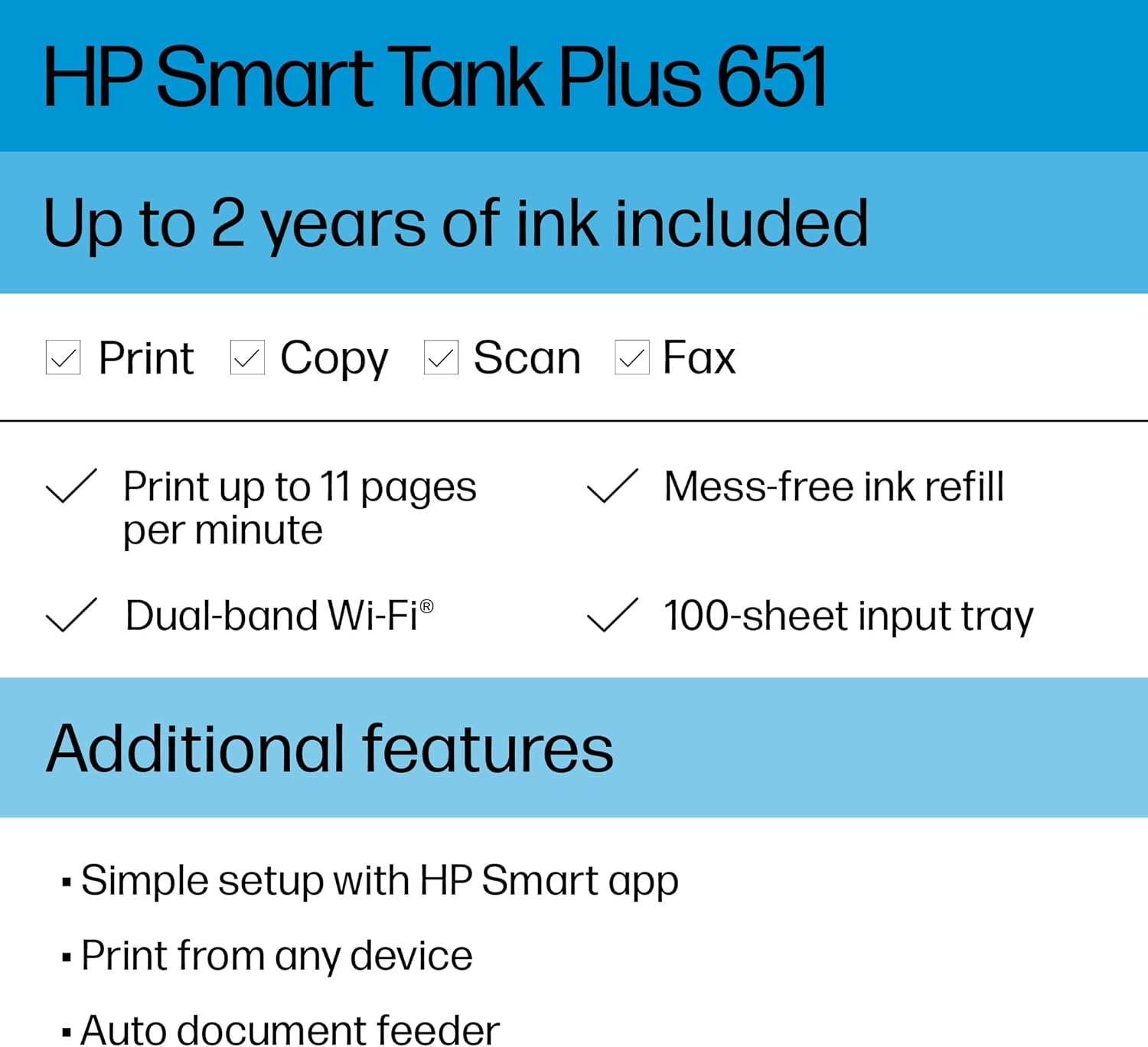 HP SMART-TANK PLUS 651 WIRELESS ALL-IN-ONE INK-TANK PRINTER, UP TO 2 YEARS OF INK IN BOTTLES, AUTO DOCUMENT FEEDER, MOBILE PRINT, SCAN, COPY, WORKS WITH ALEXA (7XV38A)