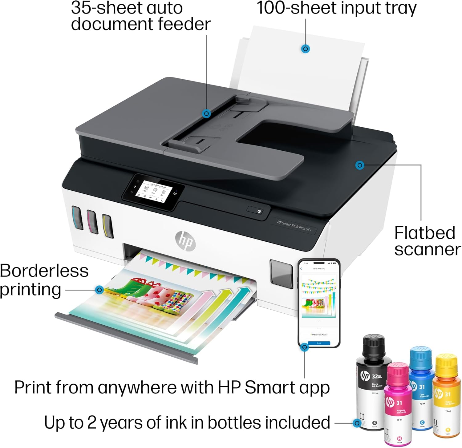 HP SMART-TANK PLUS 651 WIRELESS ALL-IN-ONE INK-TANK PRINTER, UP TO 2 YEARS OF INK IN BOTTLES, AUTO DOCUMENT FEEDER, MOBILE PRINT, SCAN, COPY, WORKS WITH ALEXA (7XV38A)