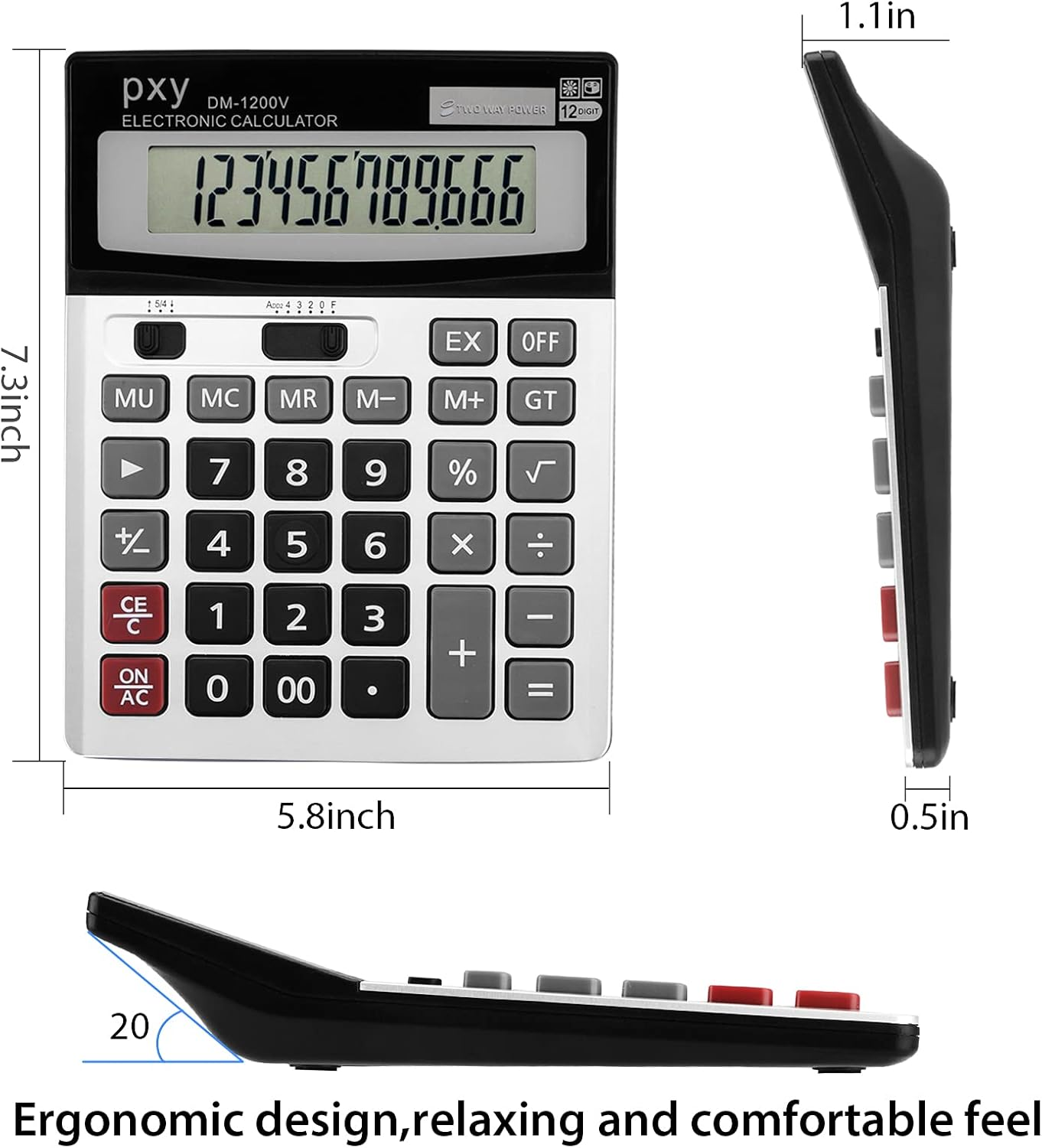 DESK CALCULATOR 12 DIGIT EXTRA LARGE LCD DISPLAY, TOUCH COMFORTABLE WITH BIG BUTTONS, PXY TWO WAY POWER BATTERY AND SOLAR STANDARD FUNCTION OFFICE CALCULATORS