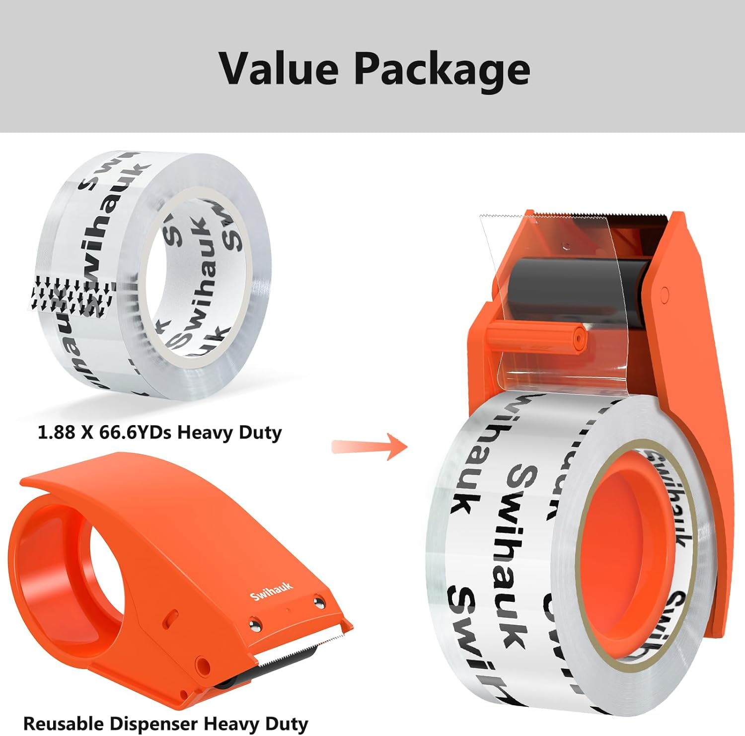 1.88 IN X 66.6 YDS CLEAR HEAVY DUTY PACKING TAPE WITH DISPENSER, STRONG & DURABLE SHIPPING TAPE, PACKAGING TAPE, PACKING TAPE DISPENSER GUN FOR PACKING BOXES, MOVING SUPPLIES, SHIPPING AND MAILING