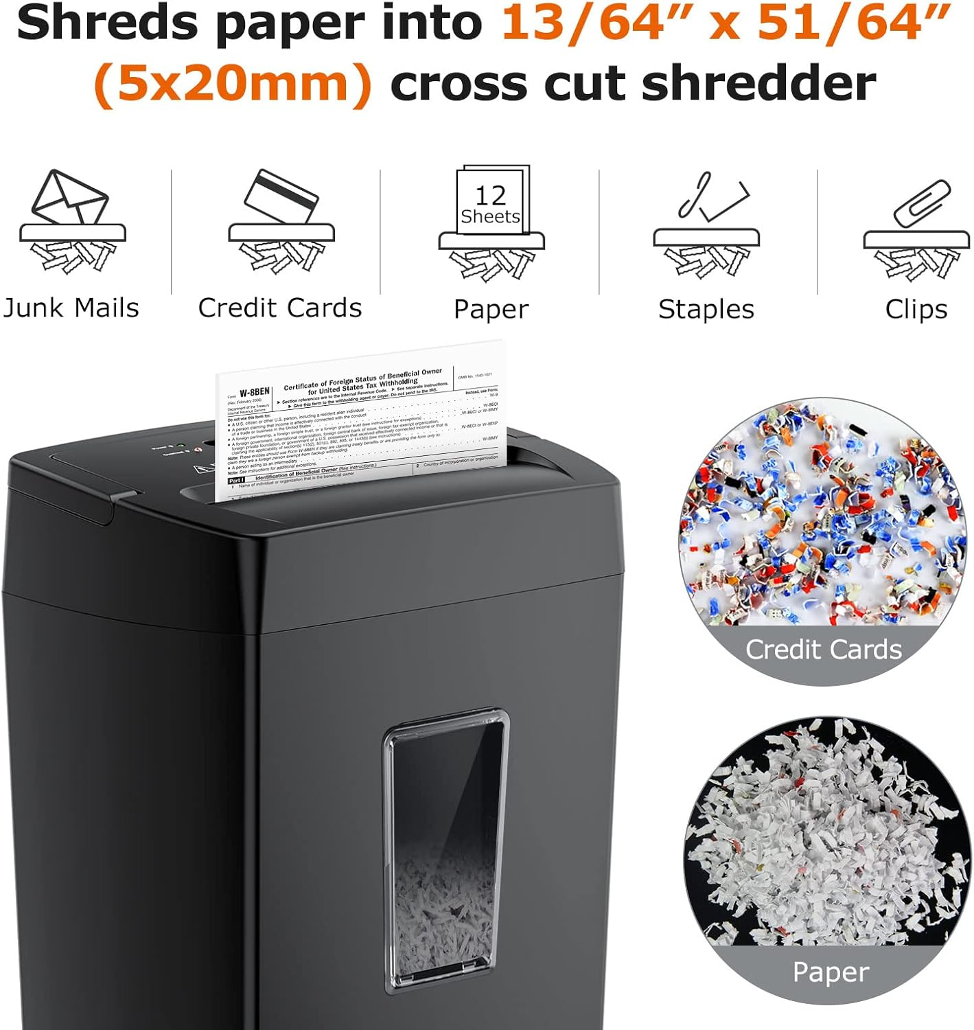 BONSAII 12-SHEET CROSS CUT PAPER SHREDDER, 5.5 GAL HOME OFFICE HEAVY DUTY SHREDDER FOR PAPER, CREDIT CARD, MAIL, STAPLES, WITH TRANSPARENT WINDOW, HIGH SECURITY LEVEL P-4 (C275-A)