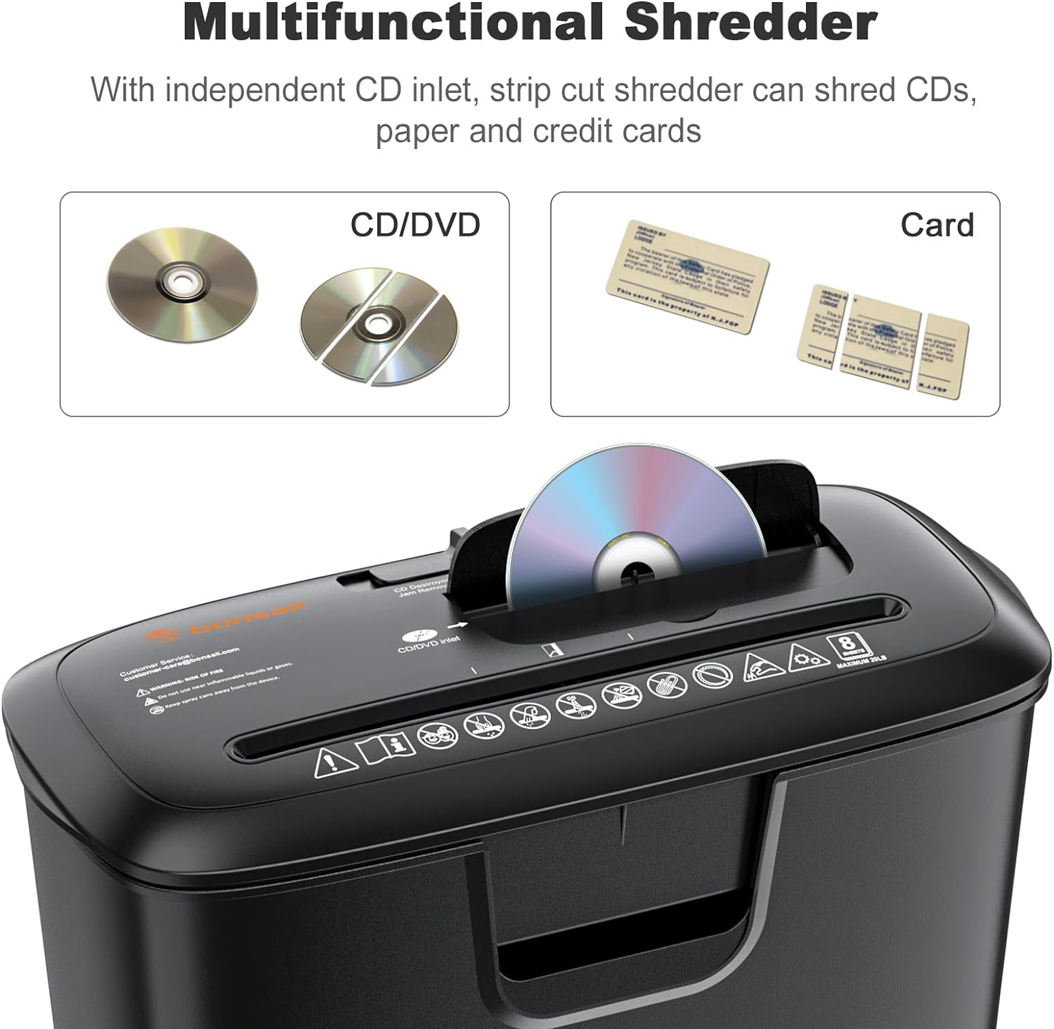BONSAII PAPER SHREDDER FOR HOME USE, 8-SHEET STRIPCUT HOME OFFICE SHREDDER, CD/CREDIT CARD SHREDDER MACHINE WITH OVERHEAT PROTECTION, 3.4 GALLONS WASTEBASKET