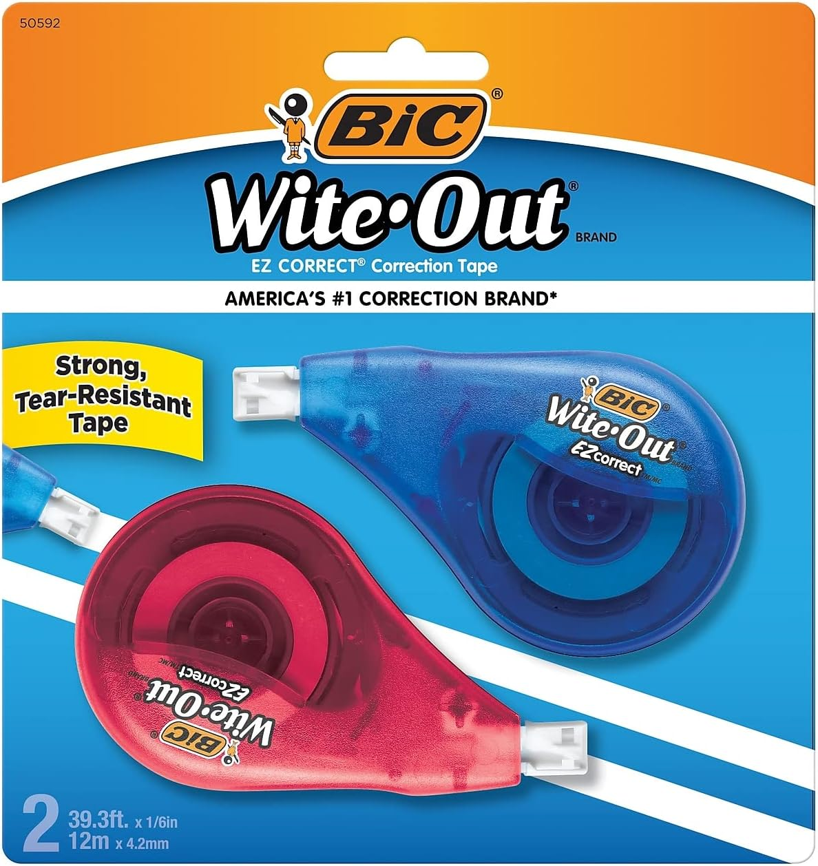 BIC WITE-OUT BRAND EZ CORRECT CORRECTION TAPE, 39.3 FEET, 2-COUNT PACK OF WHITE CORRECTION TAPE, FAST, CLEAN AND EASY TO USE TEAR-RESISTANT TAPE OFFICE OR SCHOOL SUPPLIES