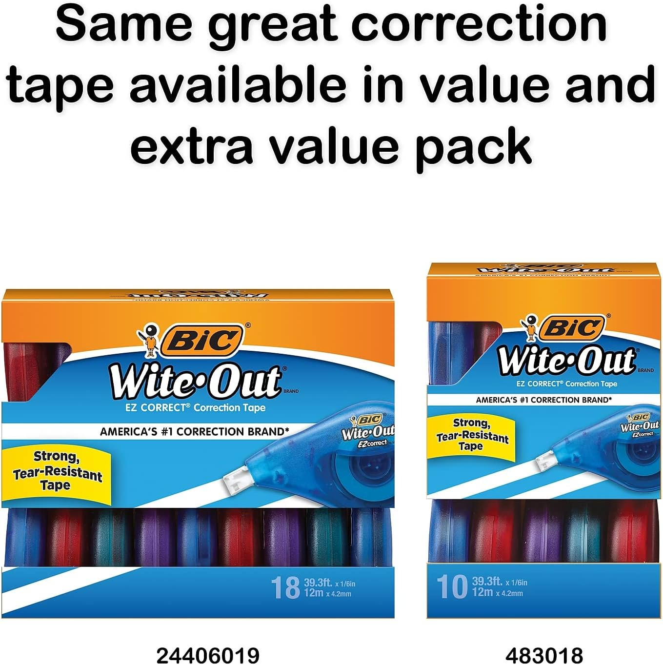 BIC WITE-OUT BRAND EZ CORRECT CORRECTION TAPE, 39.3 FEET, 2-COUNT PACK OF WHITE CORRECTION TAPE, FAST, CLEAN AND EASY TO USE TEAR-RESISTANT TAPE OFFICE OR SCHOOL SUPPLIES