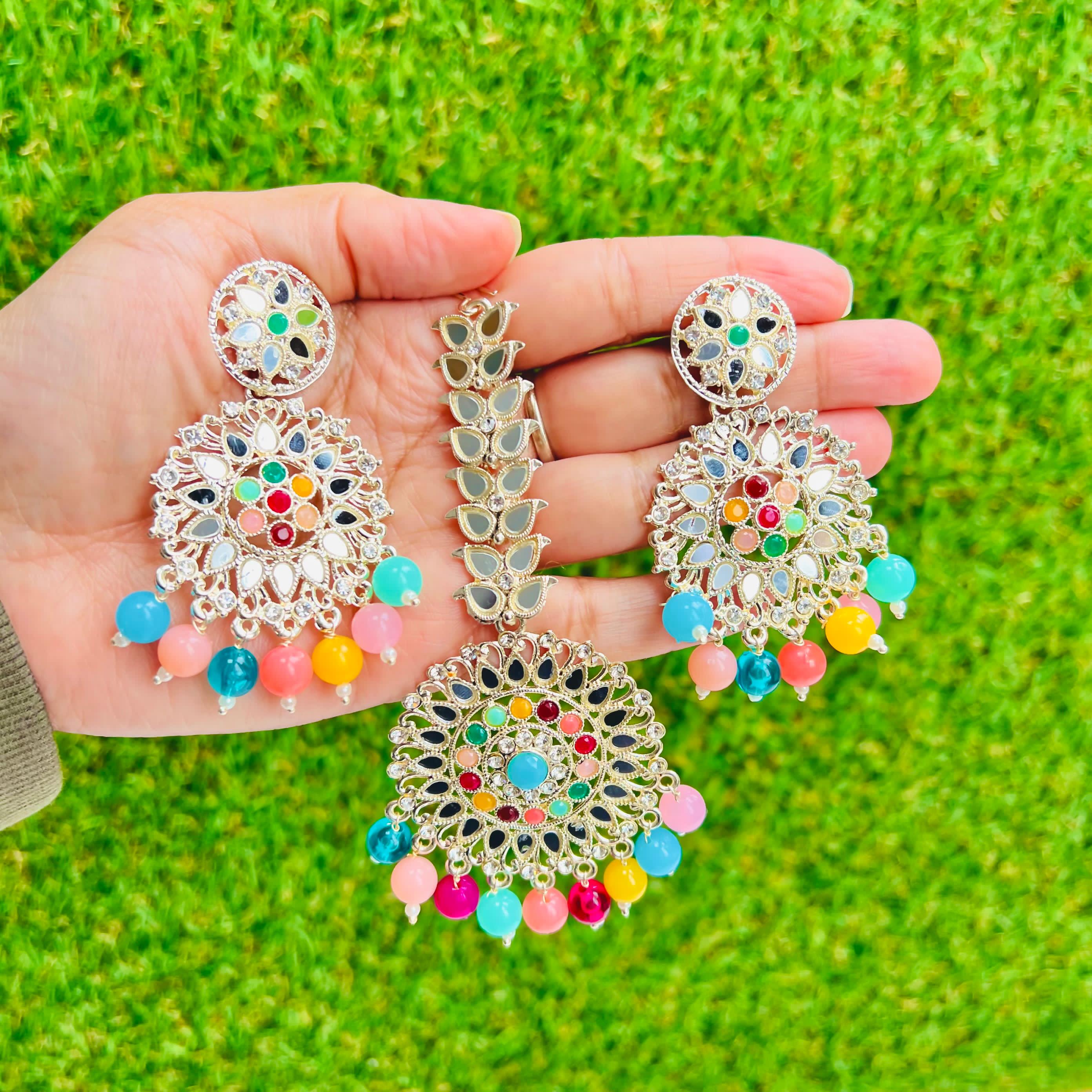 Multicolour mirror work Earrings and Tikka set