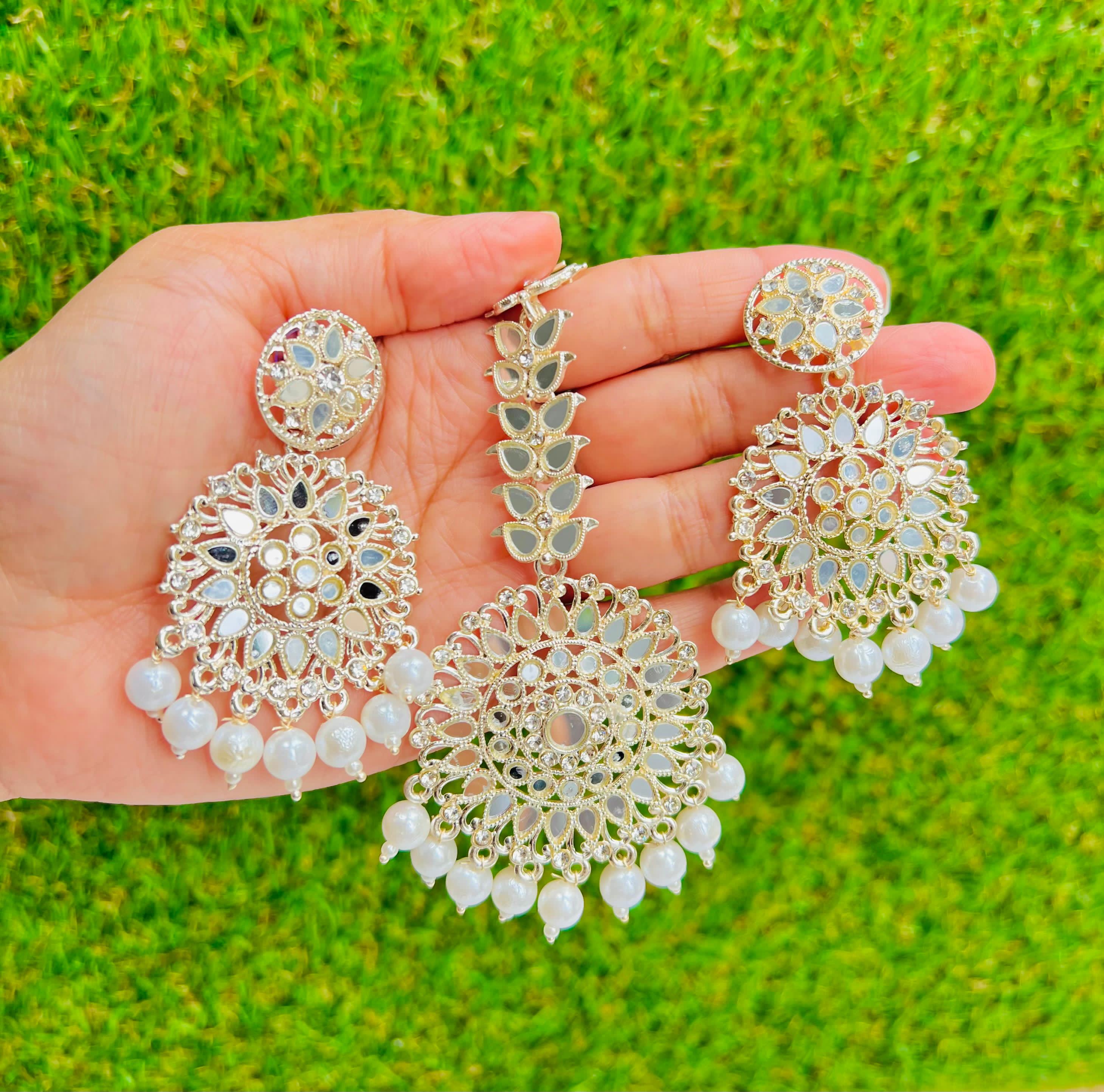 White Mirror work Earrings and Tikka set