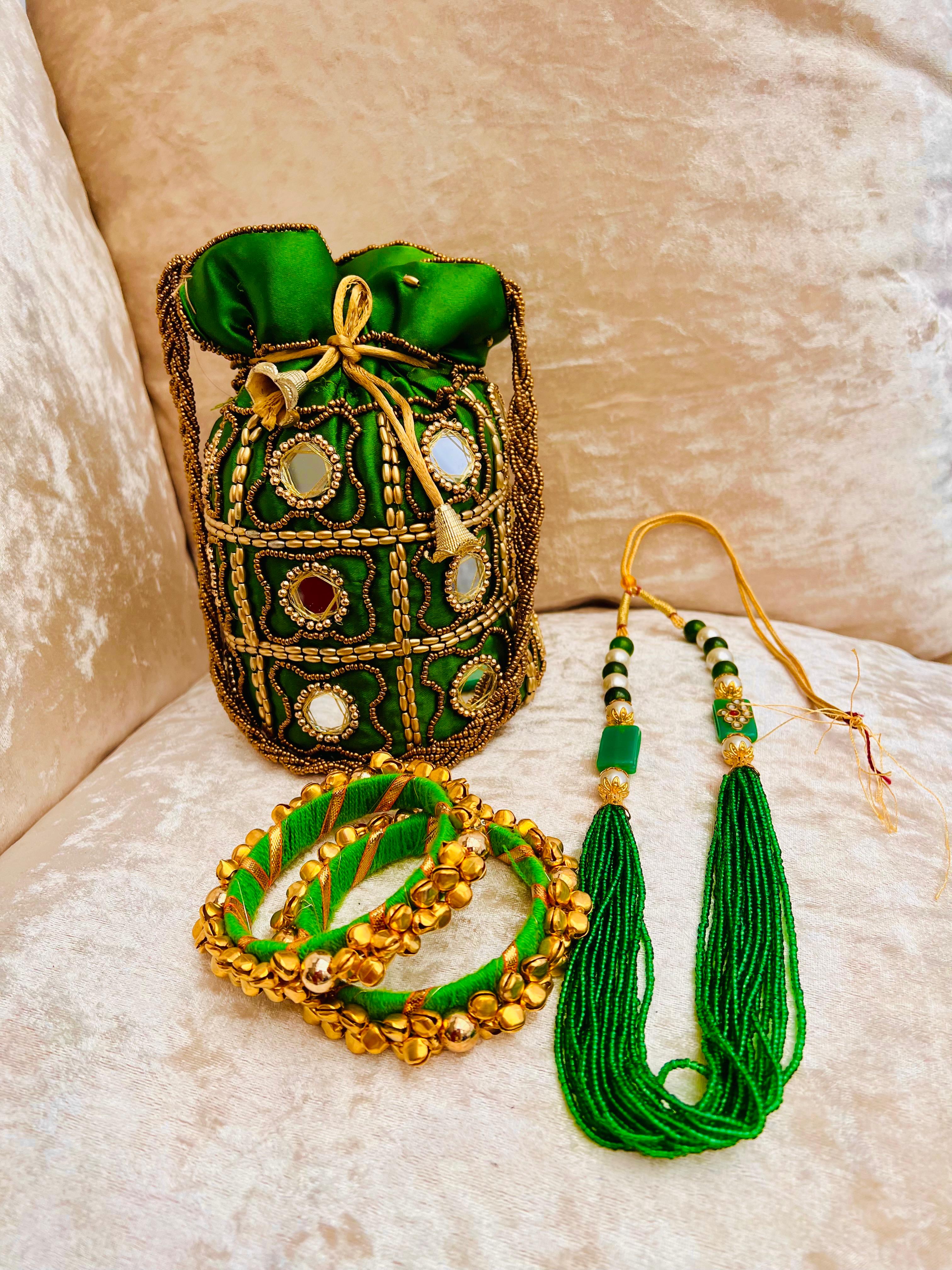 Green Ethnic Jewelry and Potli Bag Set