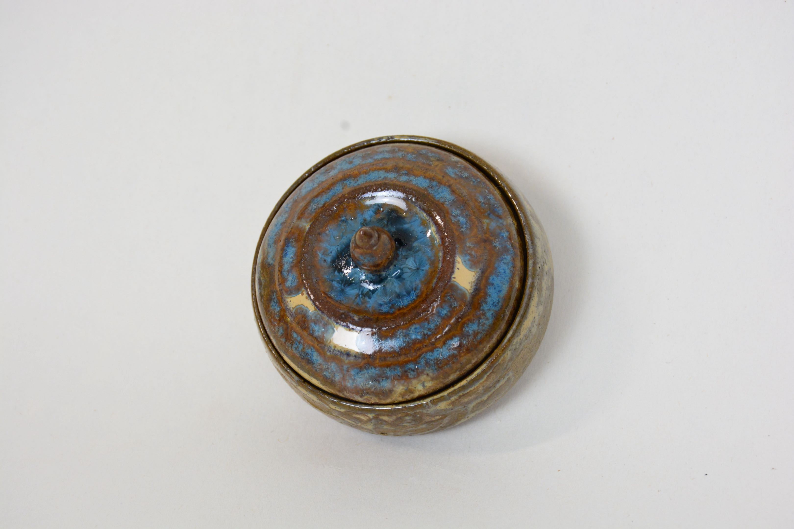 Stoneware Ceramic Lidded Jar in Wood Ash Glaze - Lotus design