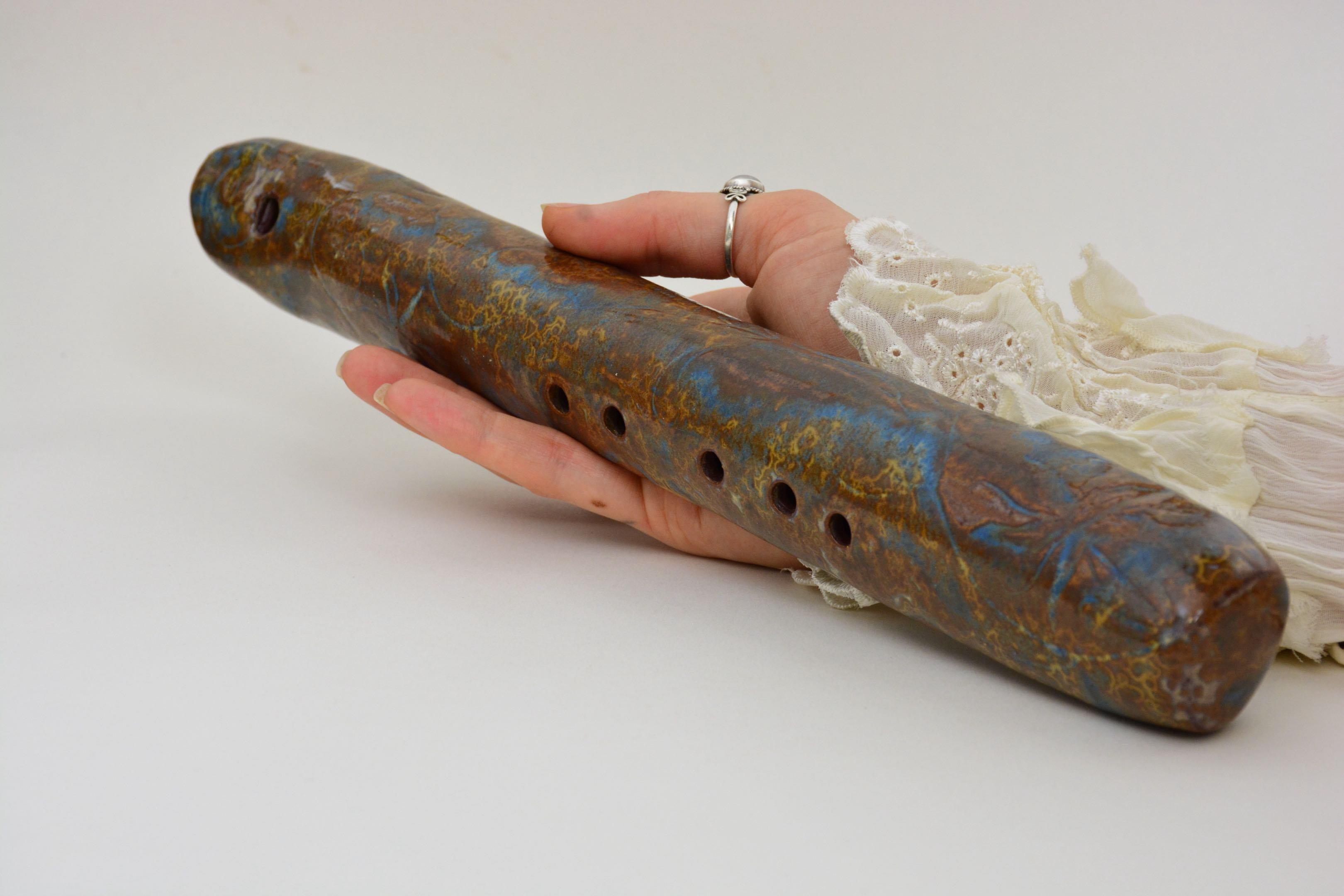 Hand Built Ceramic Ocarina in Wood Ash Crystalline Glaze