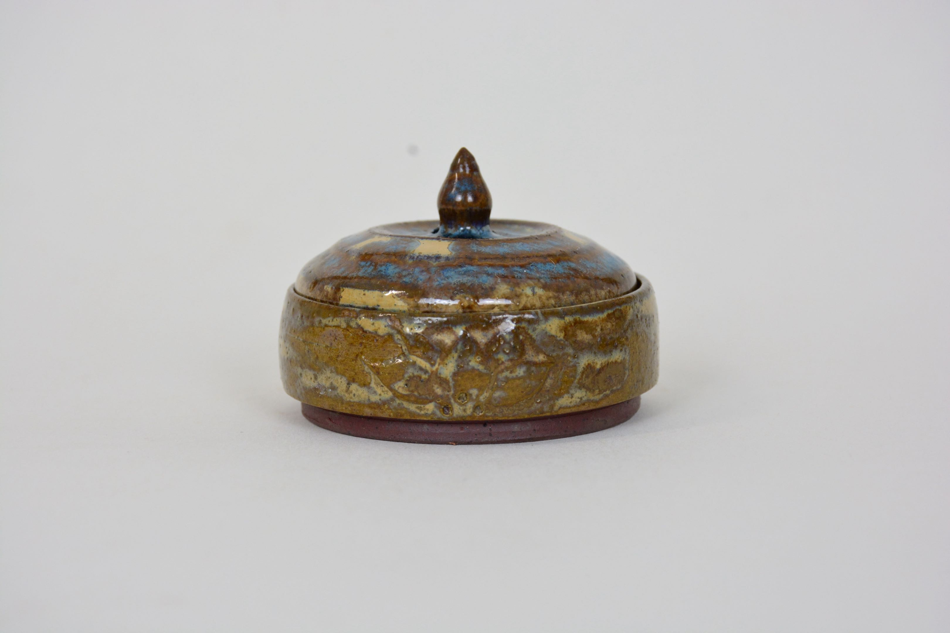 Stoneware Ceramic Lidded Jar in Wood Ash Glaze - Lotus design