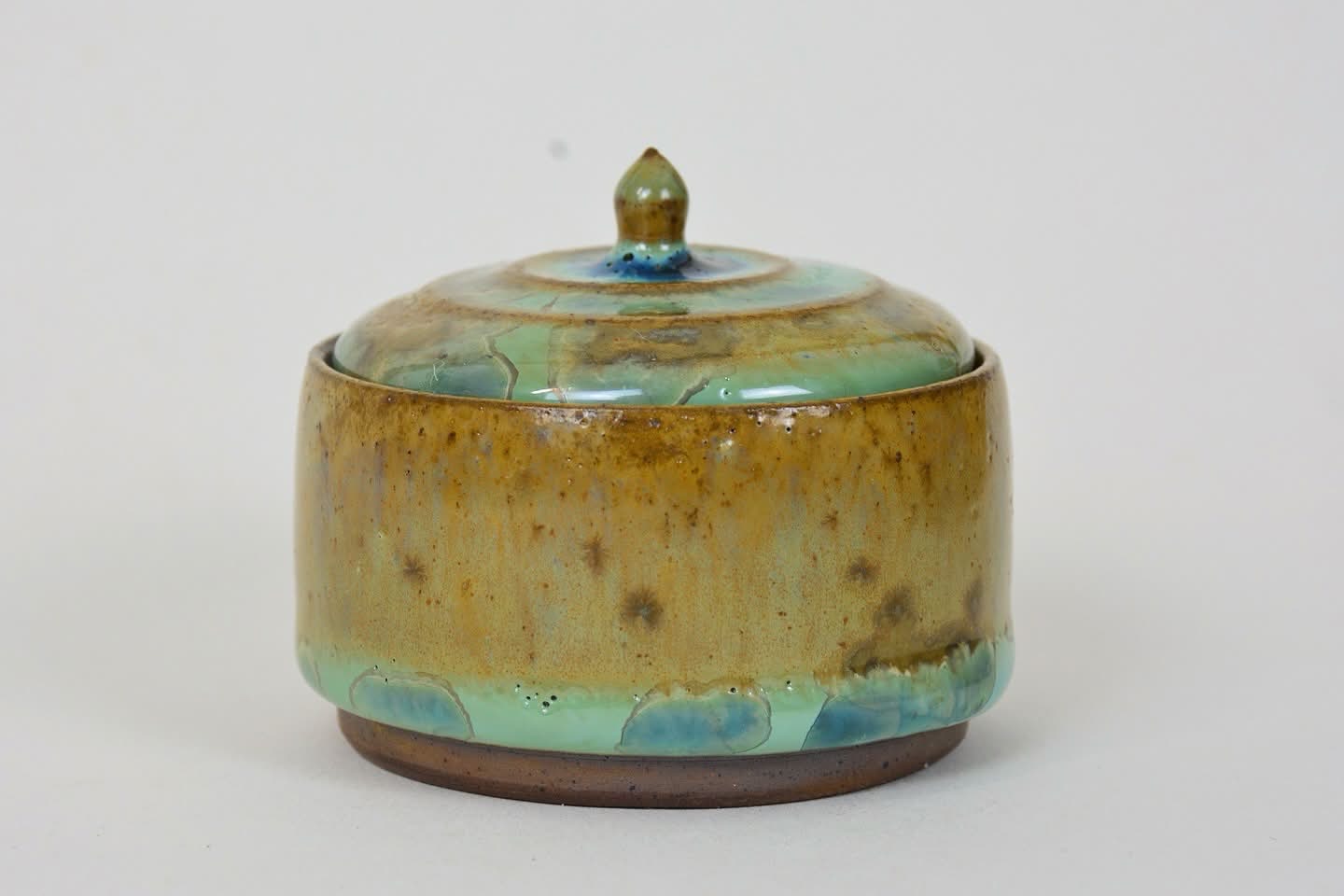 Stoneware Ceramic Lidded Jar in Wood Ash Crystalline Glaze