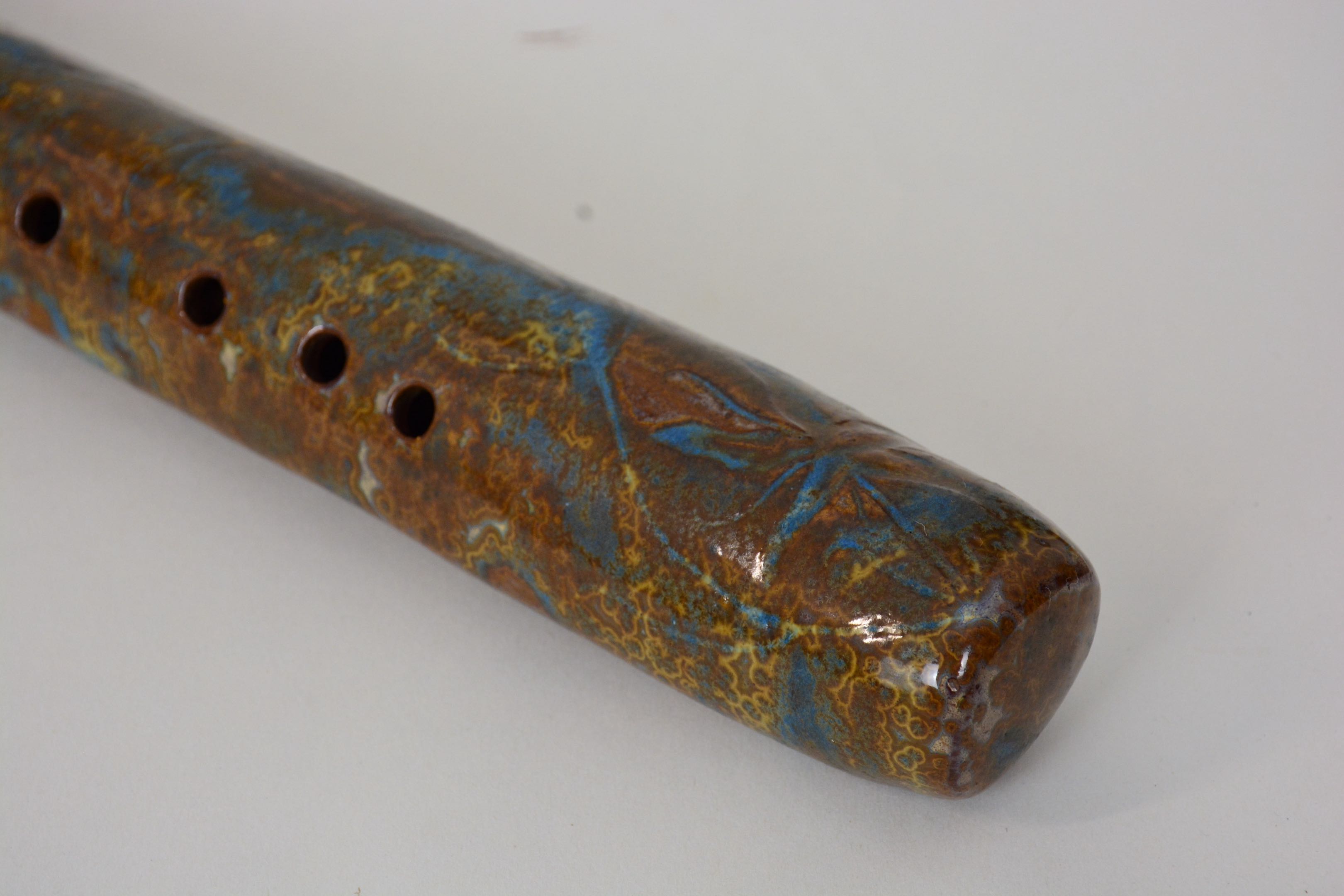 Hand Built Ceramic Ocarina in Wood Ash Crystalline Glaze