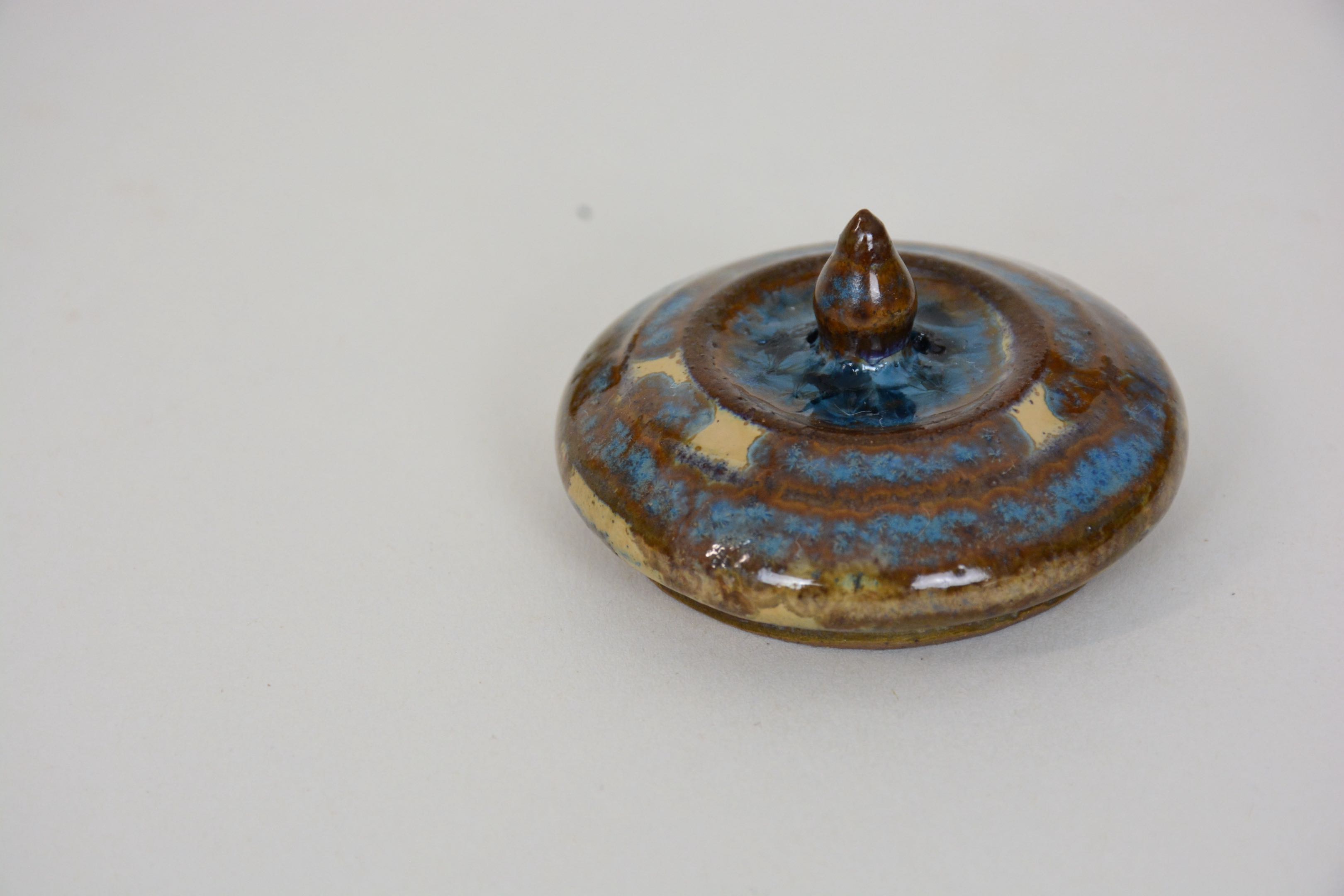 Stoneware Ceramic Lidded Jar in Wood Ash Glaze - Lotus design