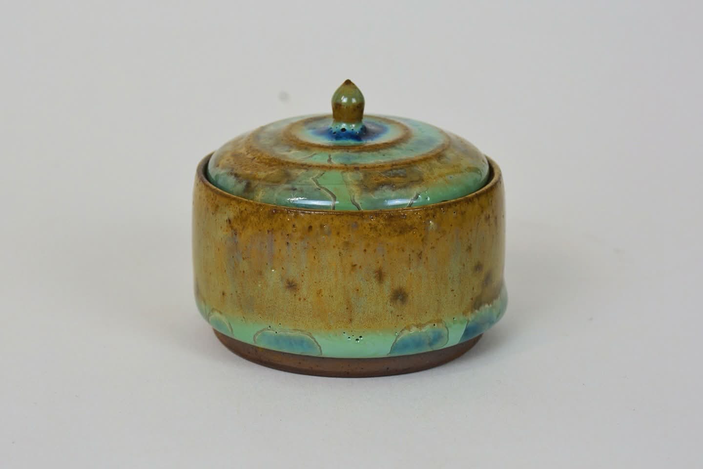 Stoneware Ceramic Lidded Jar in Wood Ash Crystalline Glaze