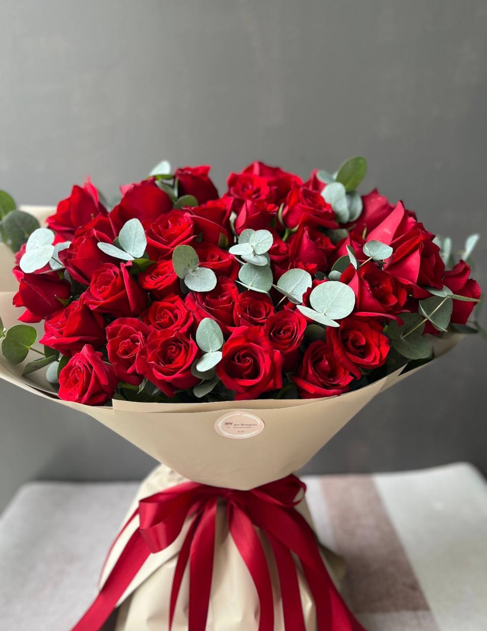 45 Roses “Red Ecuador and Eucalyptus” (052)