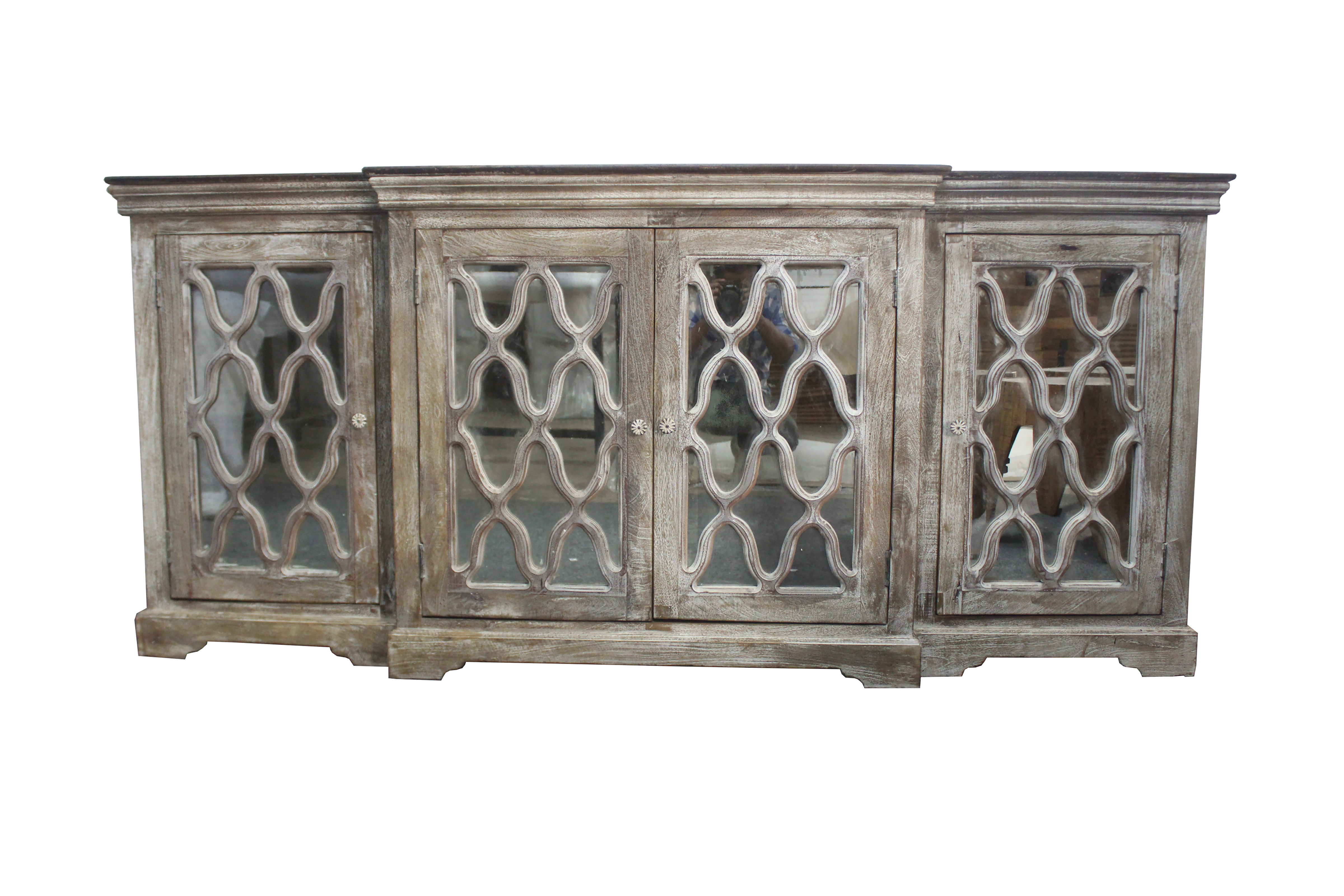 Wood Sideboard with Antique Mirrored Doors and FInish 