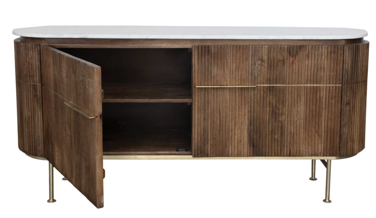 Ribbed Wood Sideboard with White Marble Top