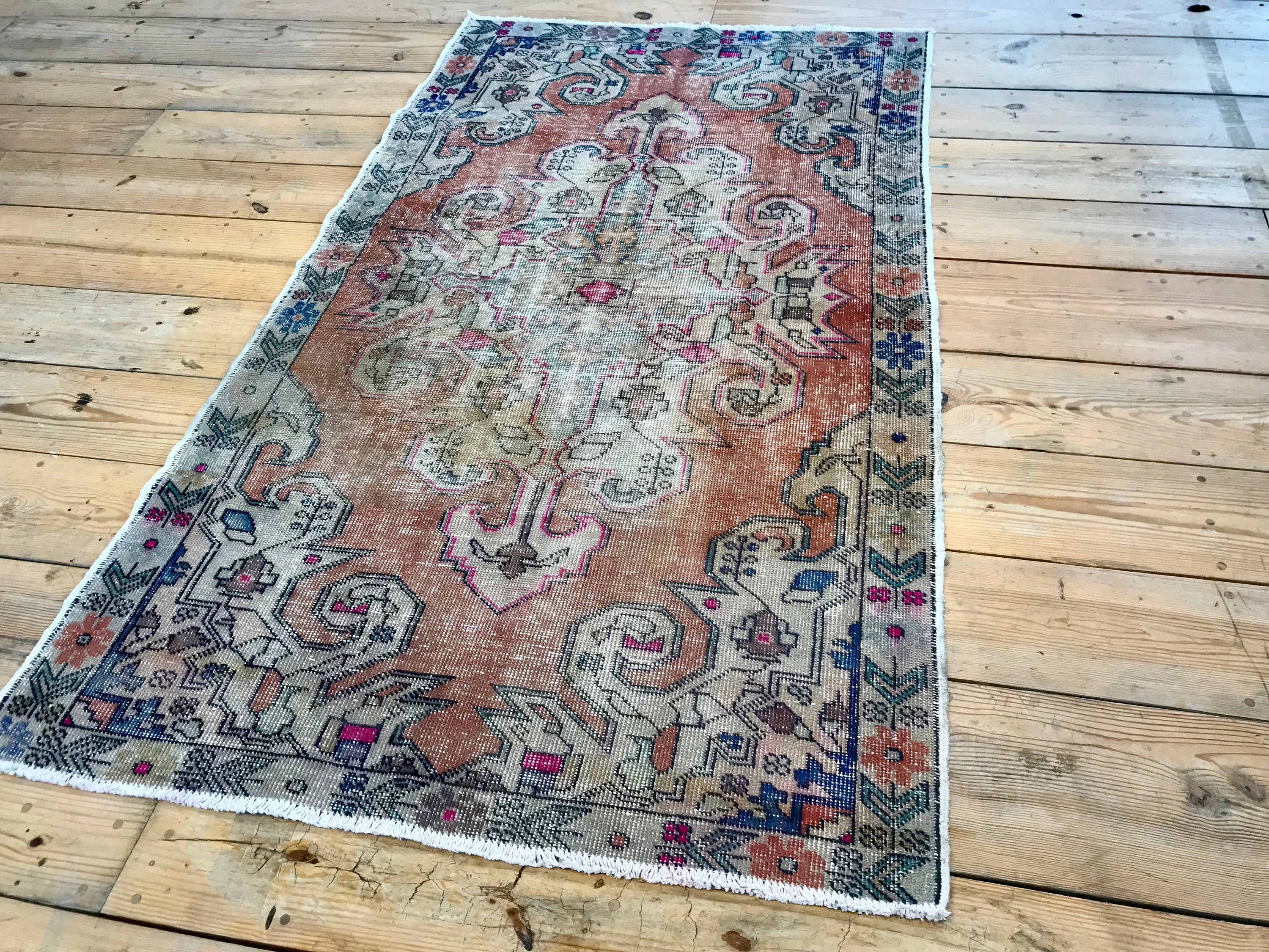 Vintage Hand Knotted Orange, Cream, and Green Moroccan Wool Area Rug