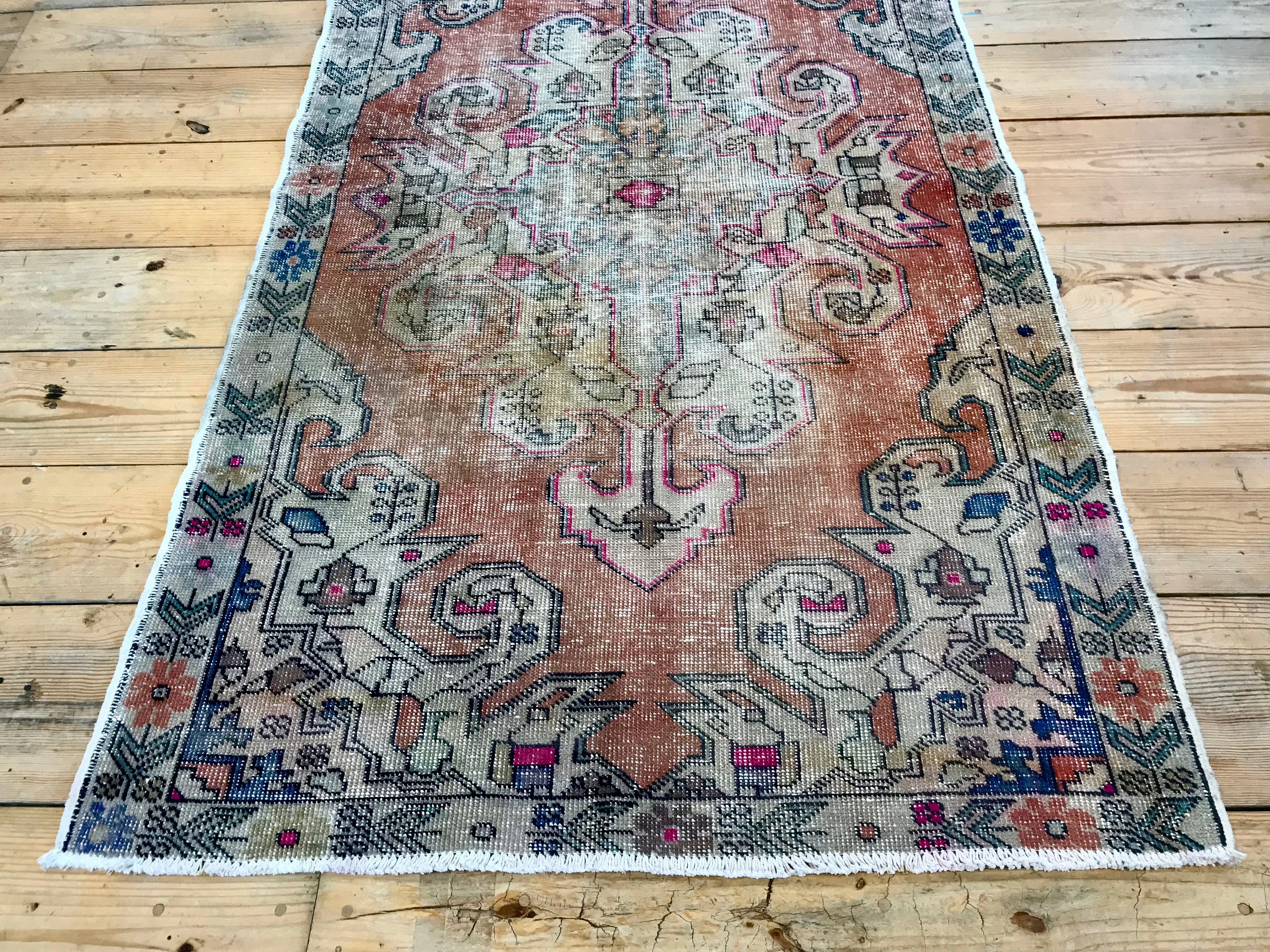 Vintage Hand Knotted Orange, Cream, and Green Moroccan Wool Area Rug