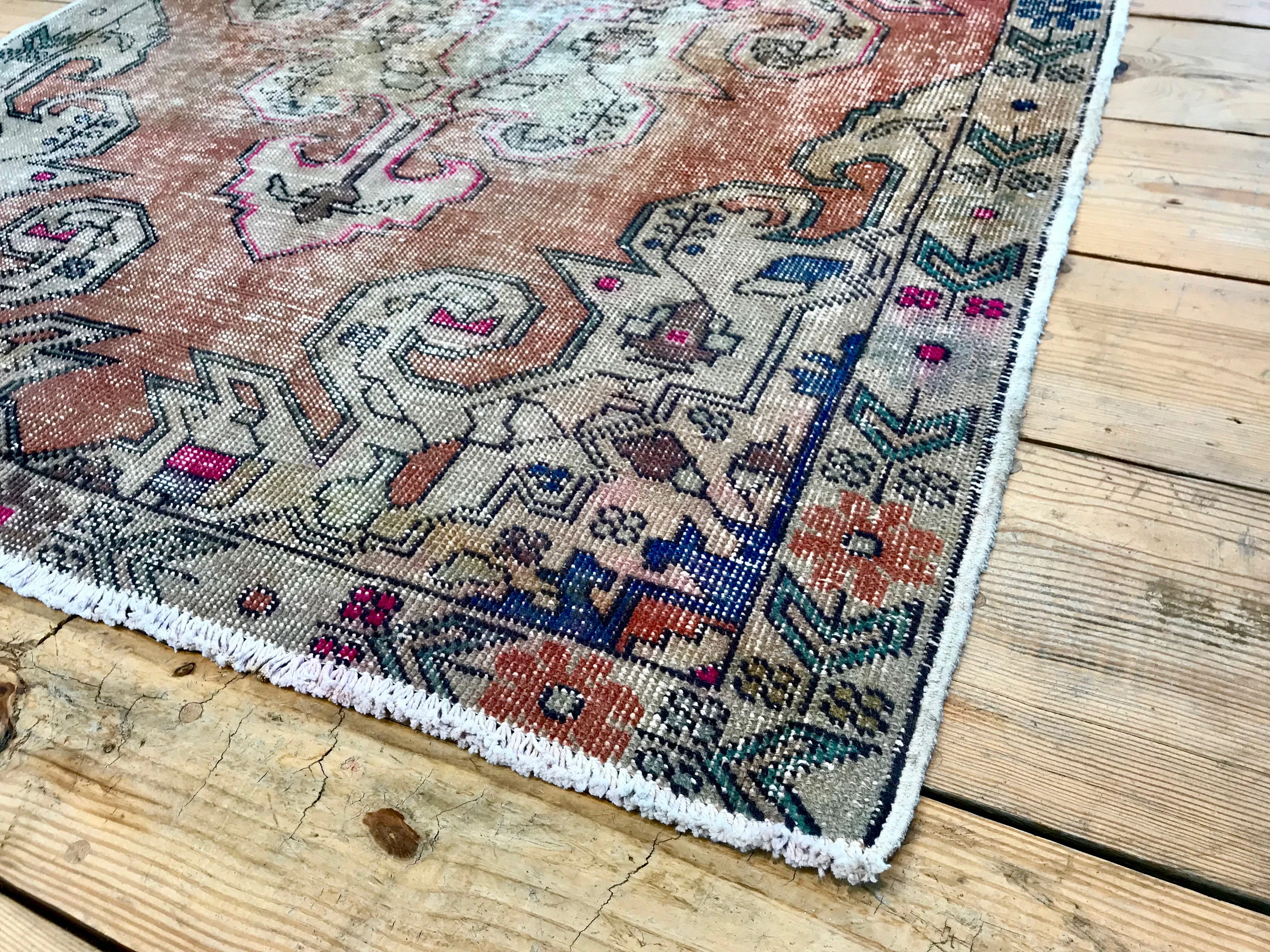 Vintage Hand Knotted Orange, Cream, and Green Moroccan Wool Area Rug