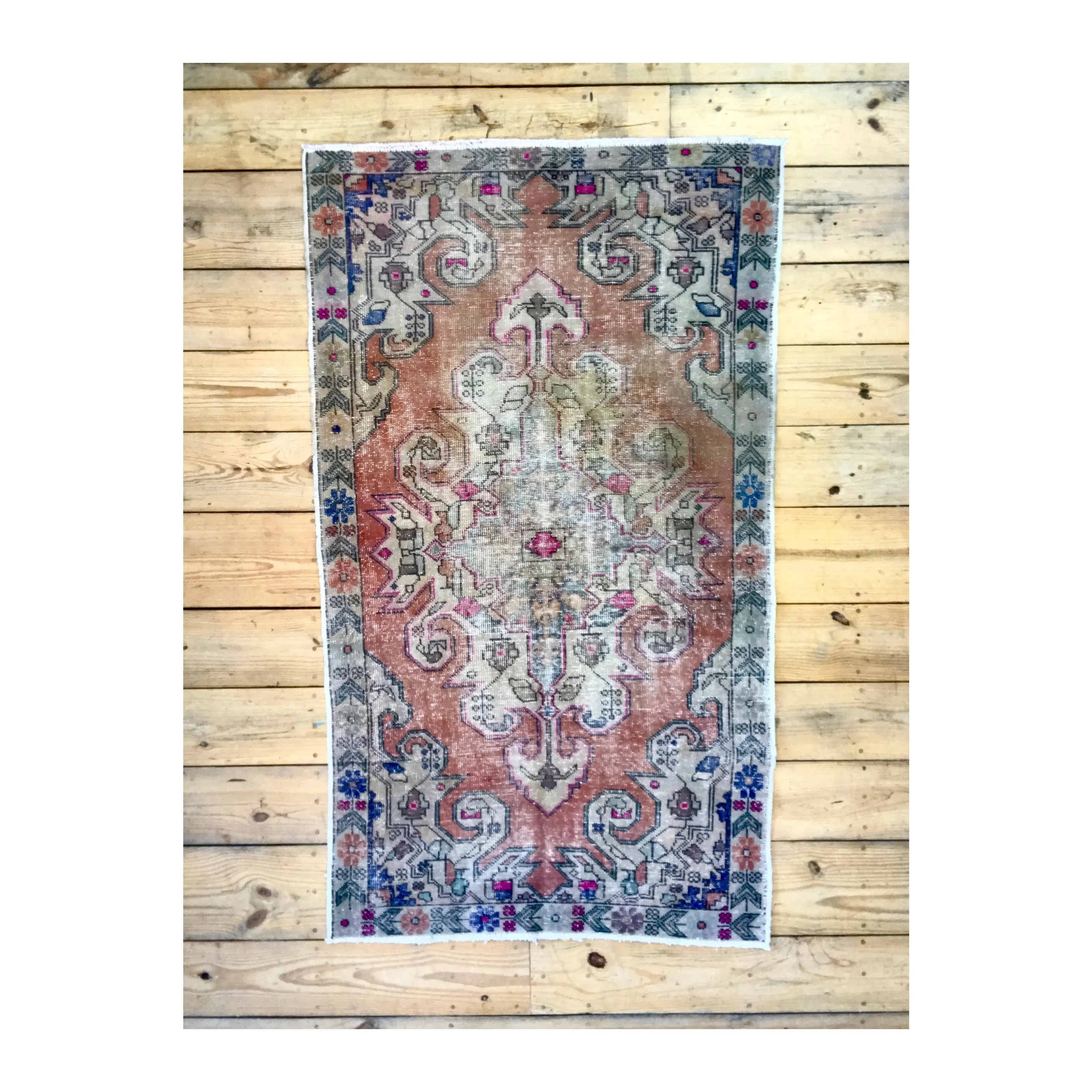 Vintage Hand Knotted Orange, Cream, and Green Moroccan Wool Area Rug