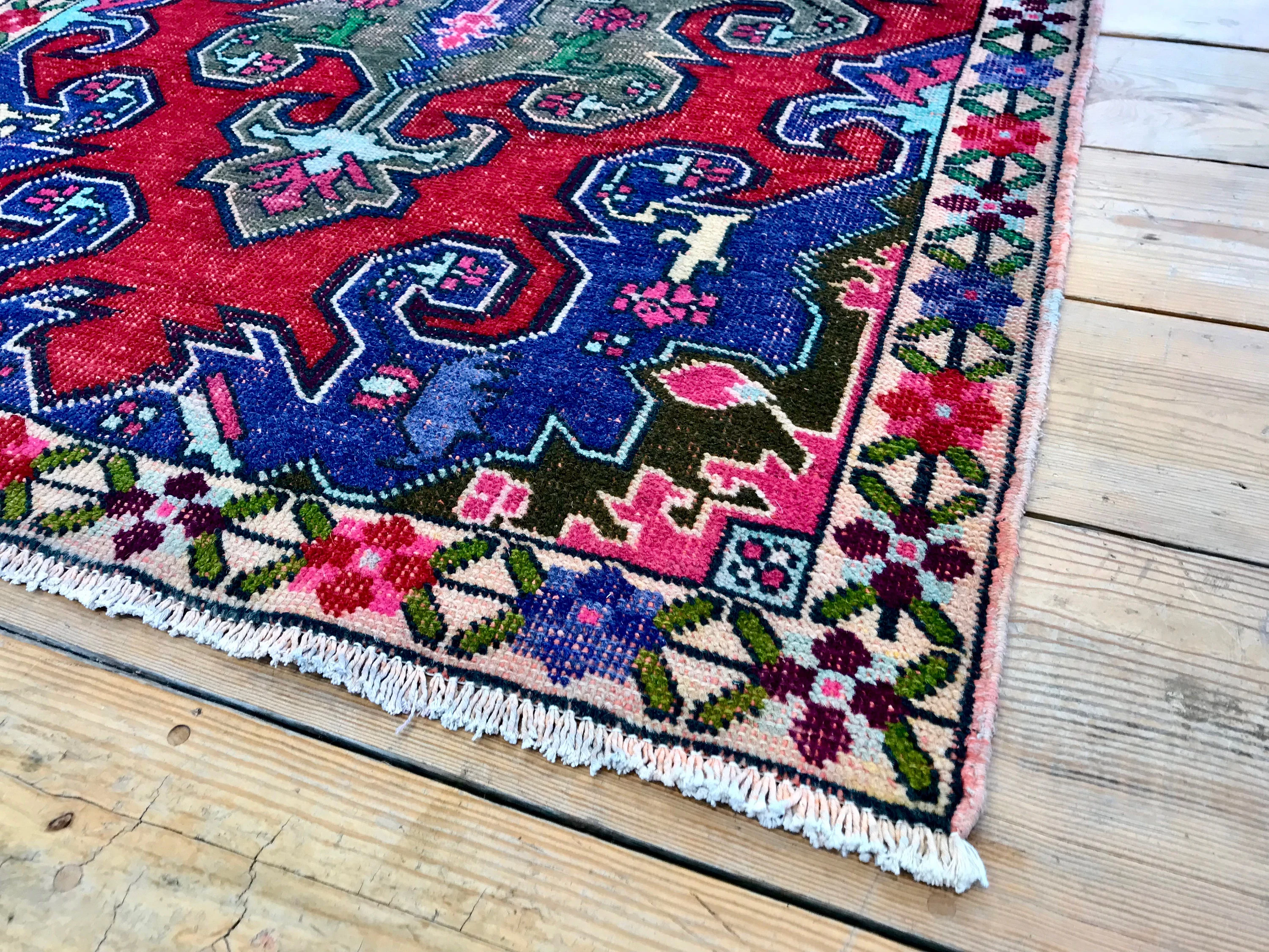 Vintage Hand Knotted Red, Blue, Green, and Pink Moroccan Area Rug