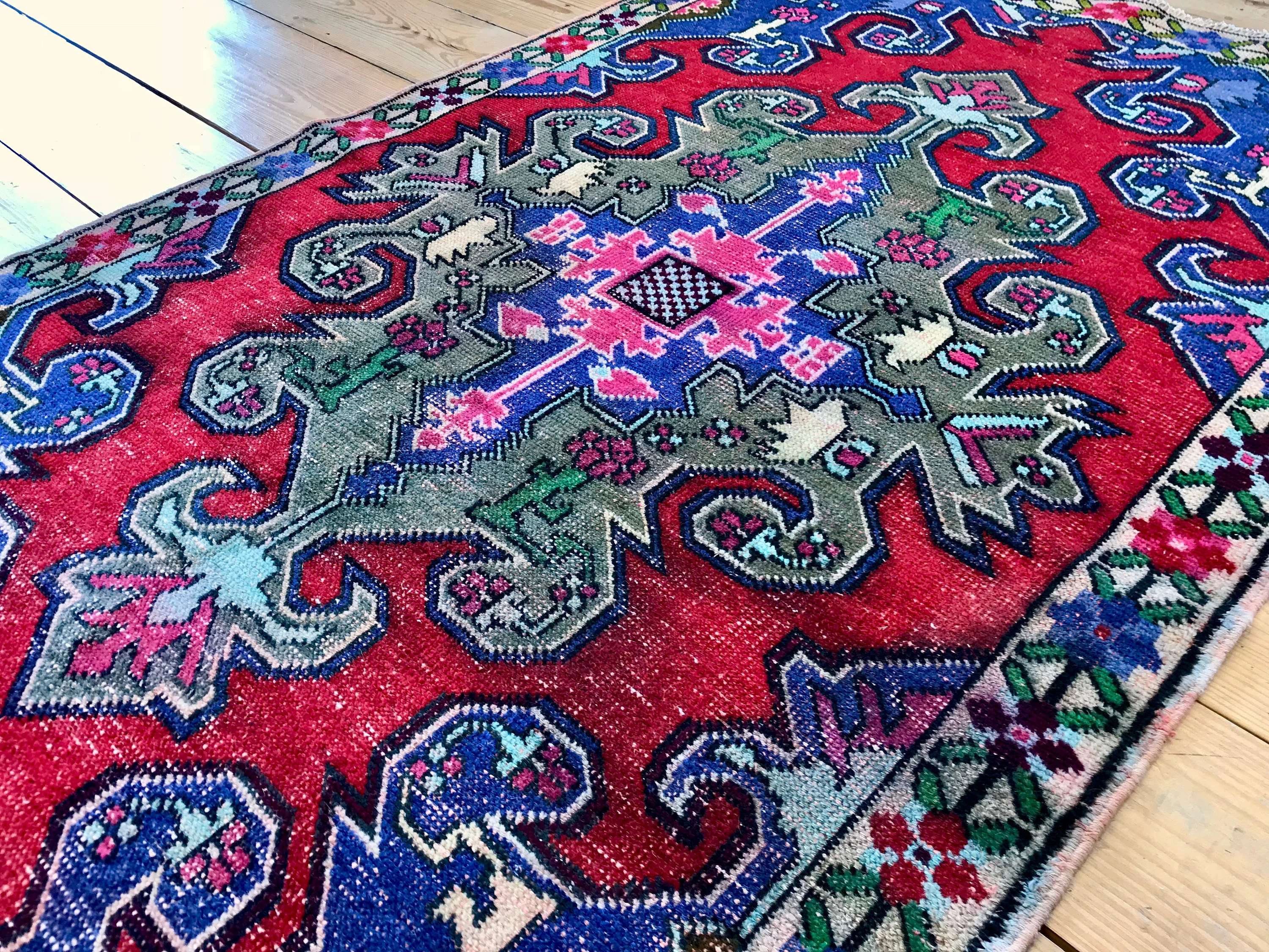 Vintage Hand Knotted Red, Blue, Green, and Pink Moroccan Area Rug