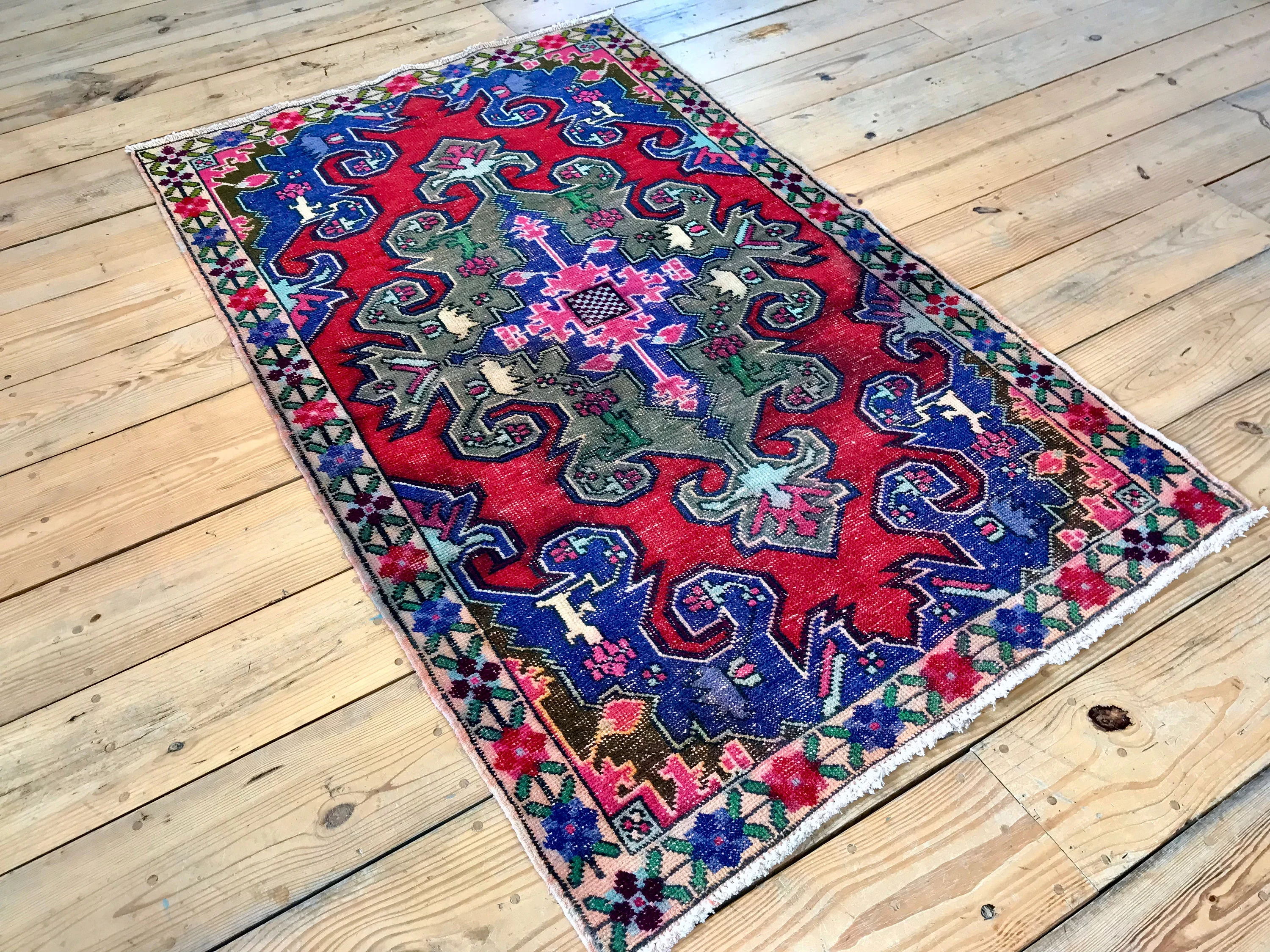 Vintage Hand Knotted Red, Blue, Green, and Pink Moroccan Area Rug