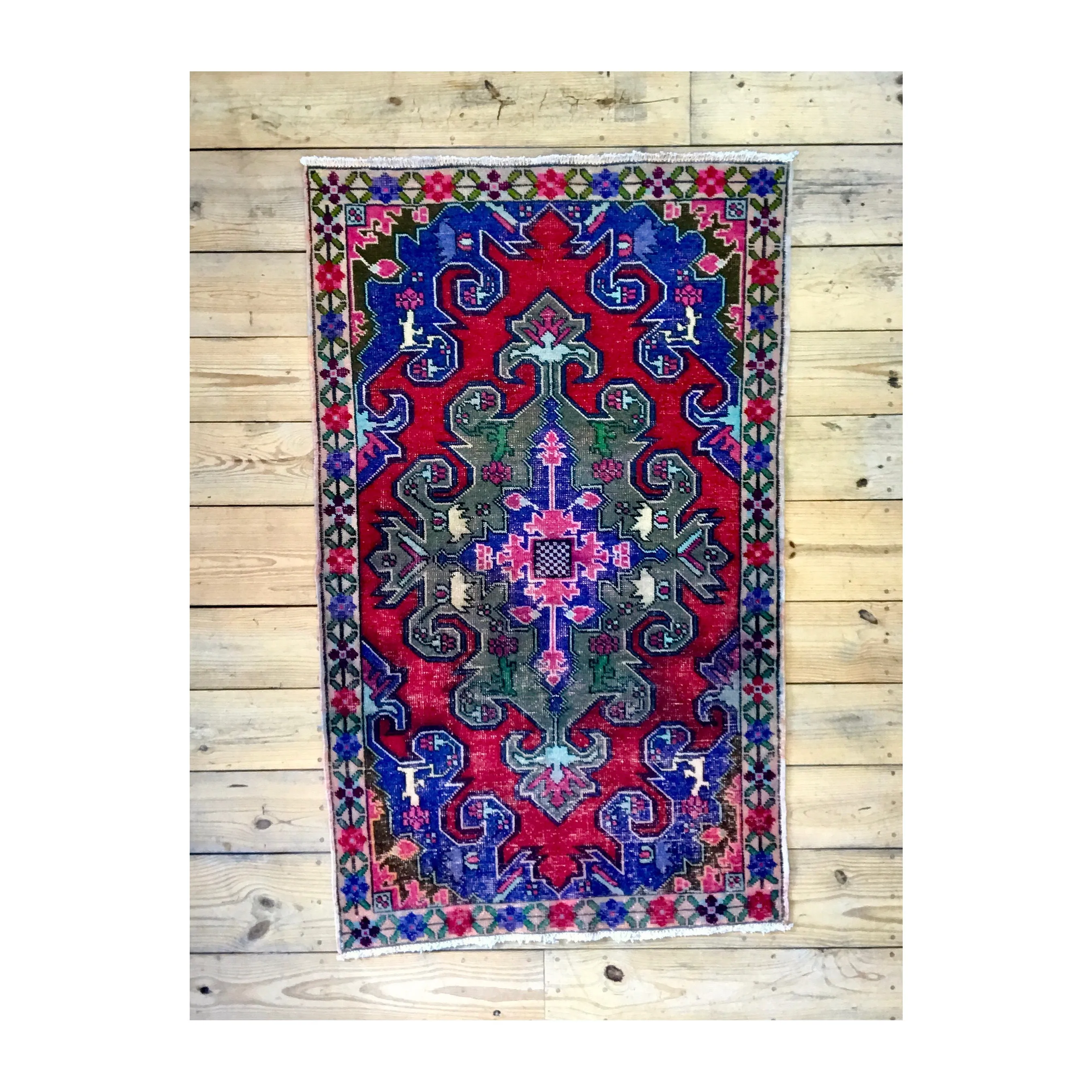 Vintage Hand Knotted Red, Blue, Green, and Pink Moroccan Area Rug