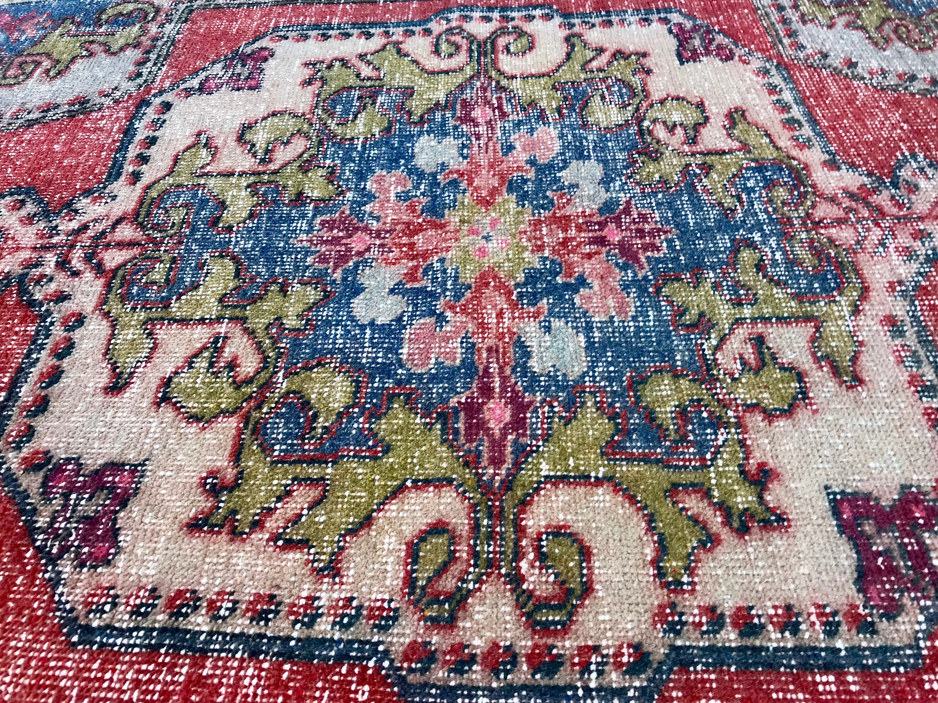 Vintage Hand Knotted Red, Blue, and Green Moroccan Wool Area Rug