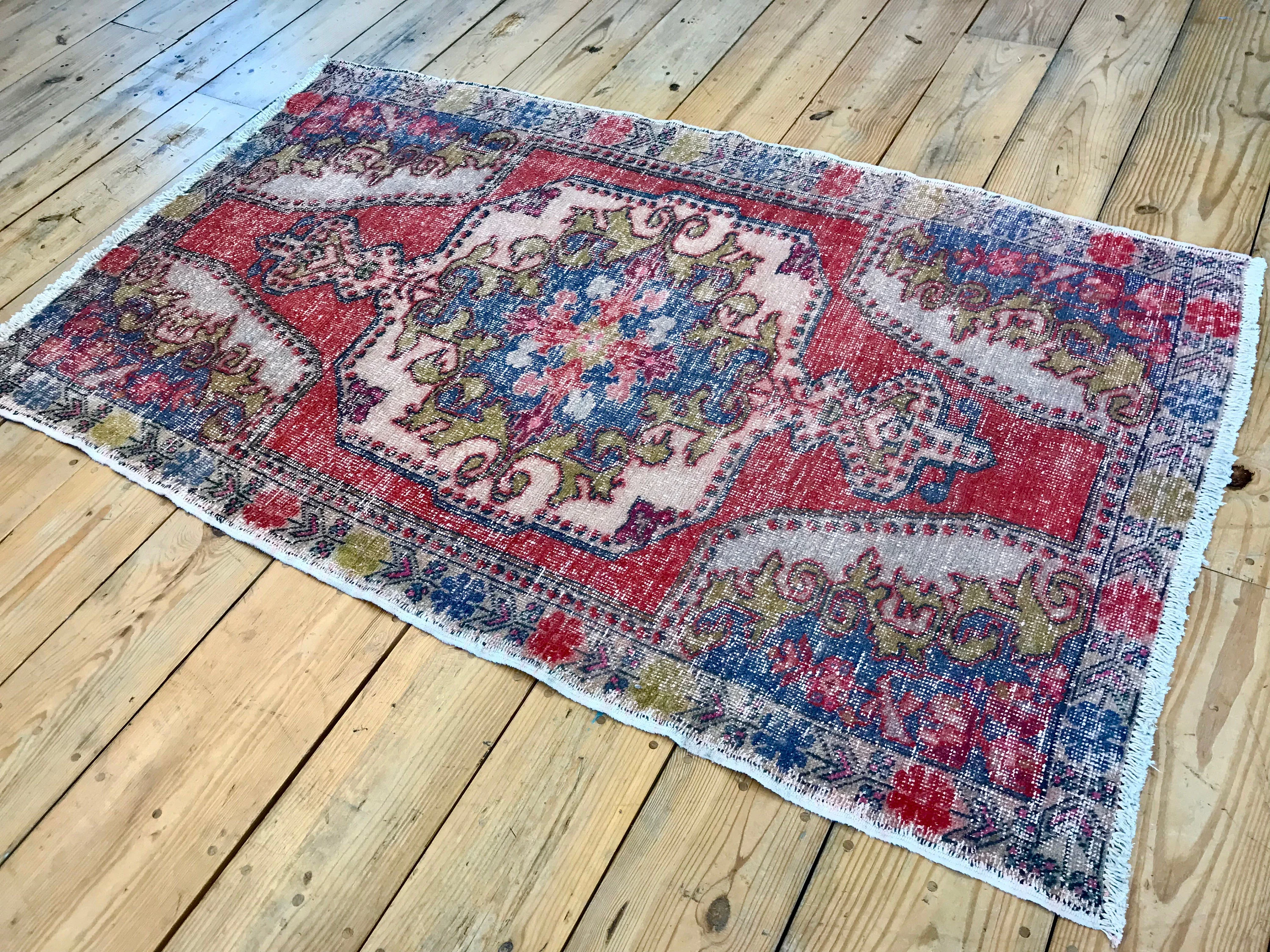 Vintage Hand Knotted Red, Blue, and Green Moroccan Wool Area Rug