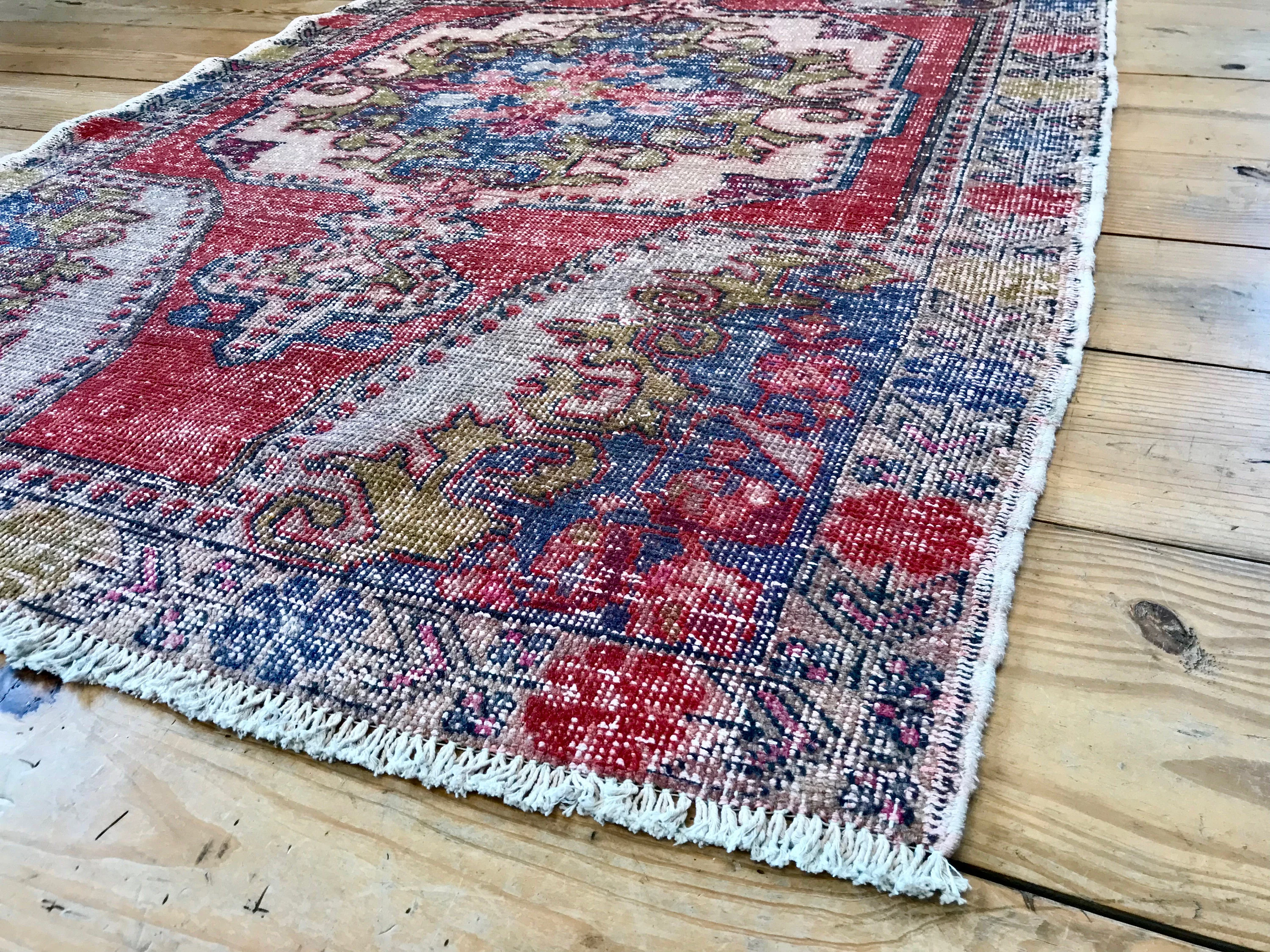 Vintage Hand Knotted Red, Blue, and Green Moroccan Wool Area Rug